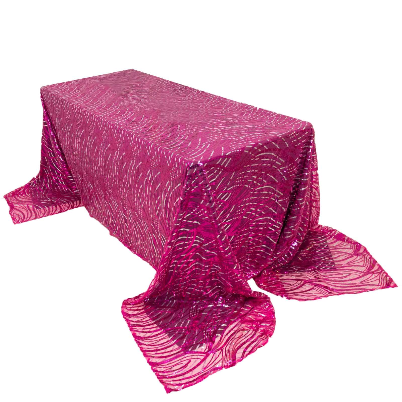 Mesh 90"x156" Rectangle Tablecloth Fuchsia/Silver - Wave Sequin Embroidered Table Cover