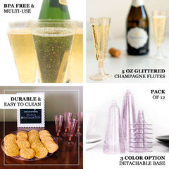 12-Pack Plastic Champagne Glasses Gold Glittered Short Stem - Stylish Disposable Flutes with Detachable Base for Toasts 5oz