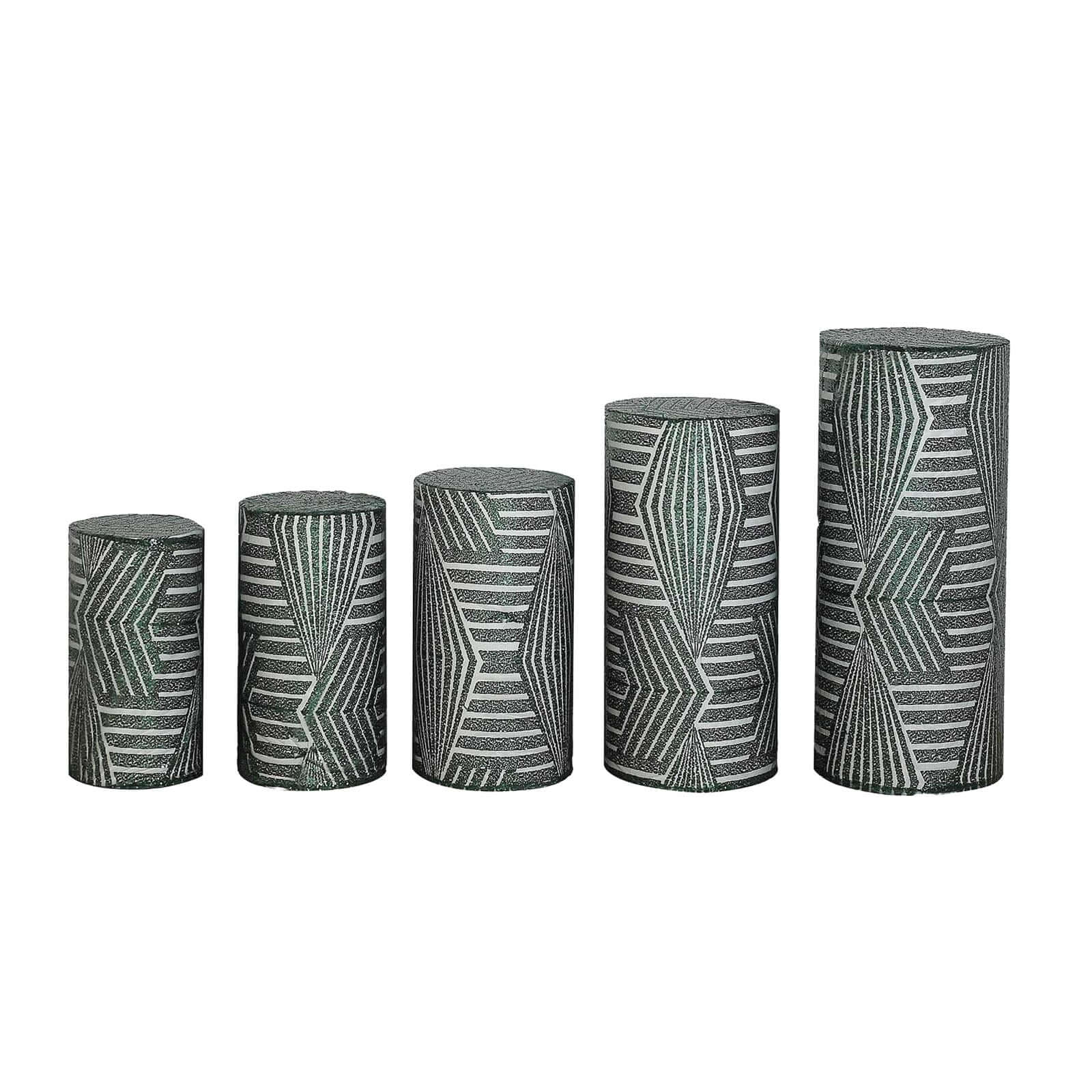 Set of 5 Hunter Emerald Green Sequin Mesh Cylinder Pedestal Stand Covers with Geometric Pattern Embroidery, Sparkly Sheer Tulle Pillar Prop Covers