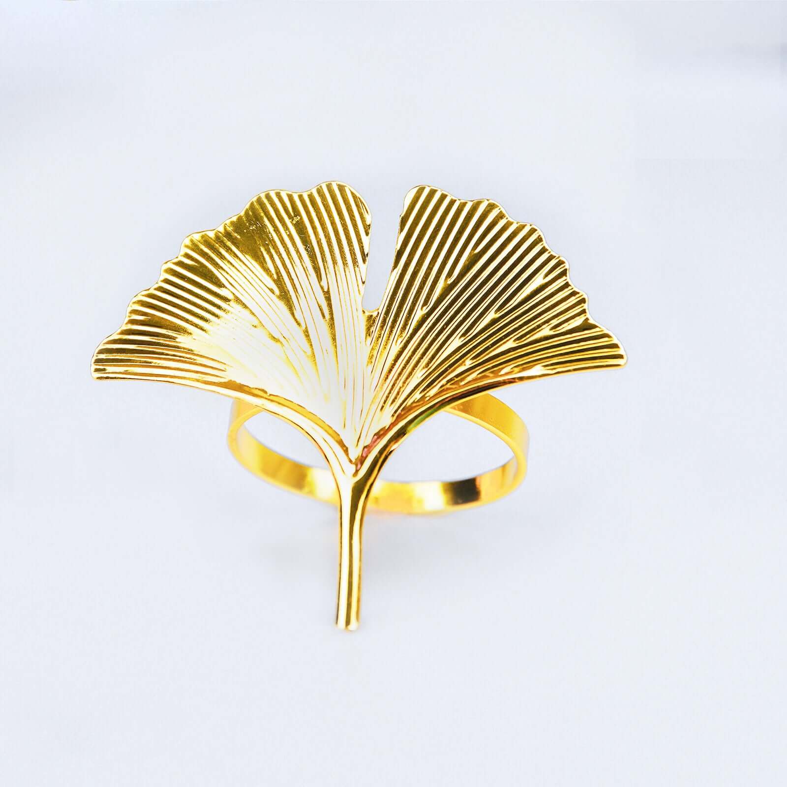 4 Pack Metallic Gold Ginkgo Leaf Napkin Rings, Ornate Design Linen Napkin Holders