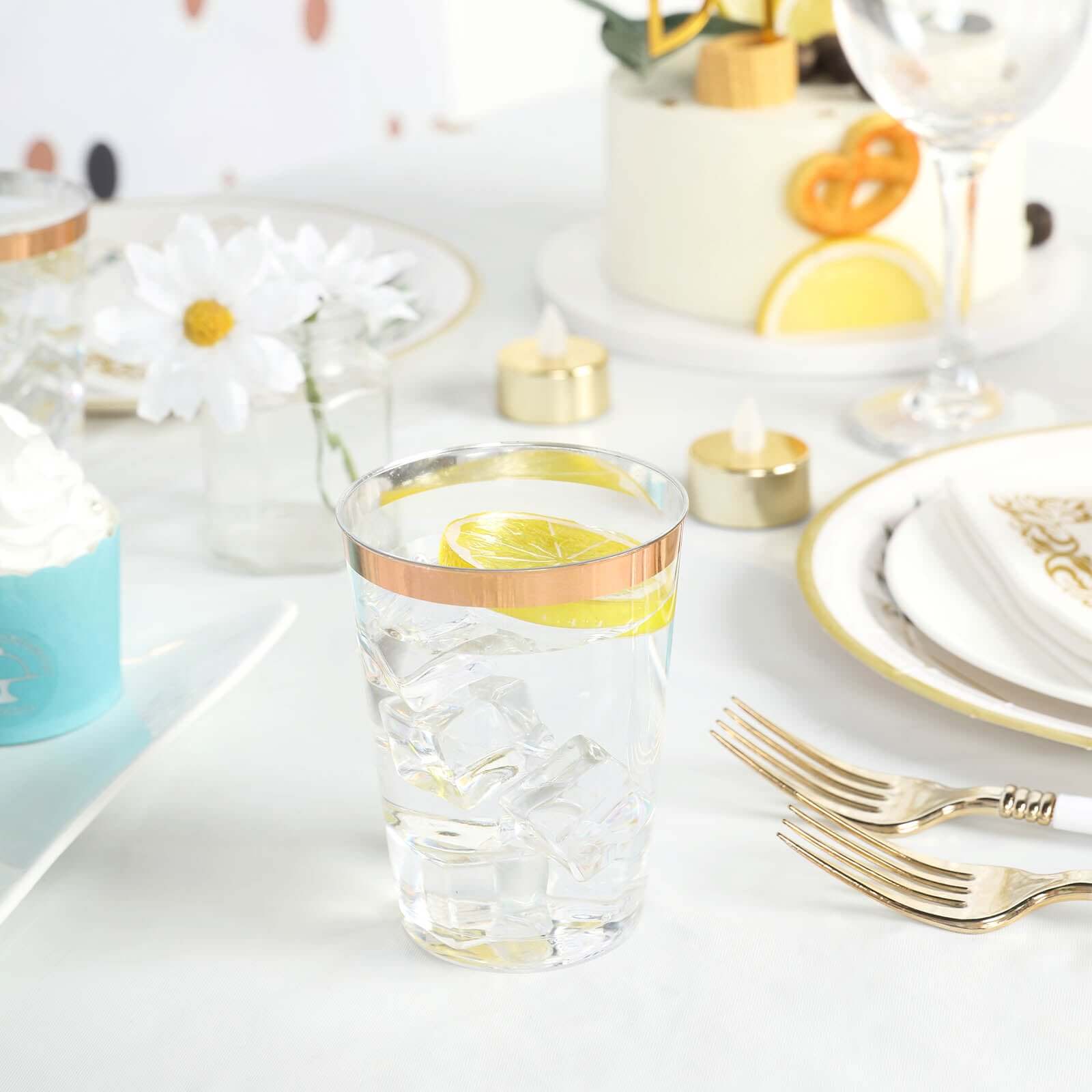 12-Pack Plastic Party Cups Clear with Rose Gold Rim - Durable Disposable Tumblers for Banquets & Special Occasions 10oz