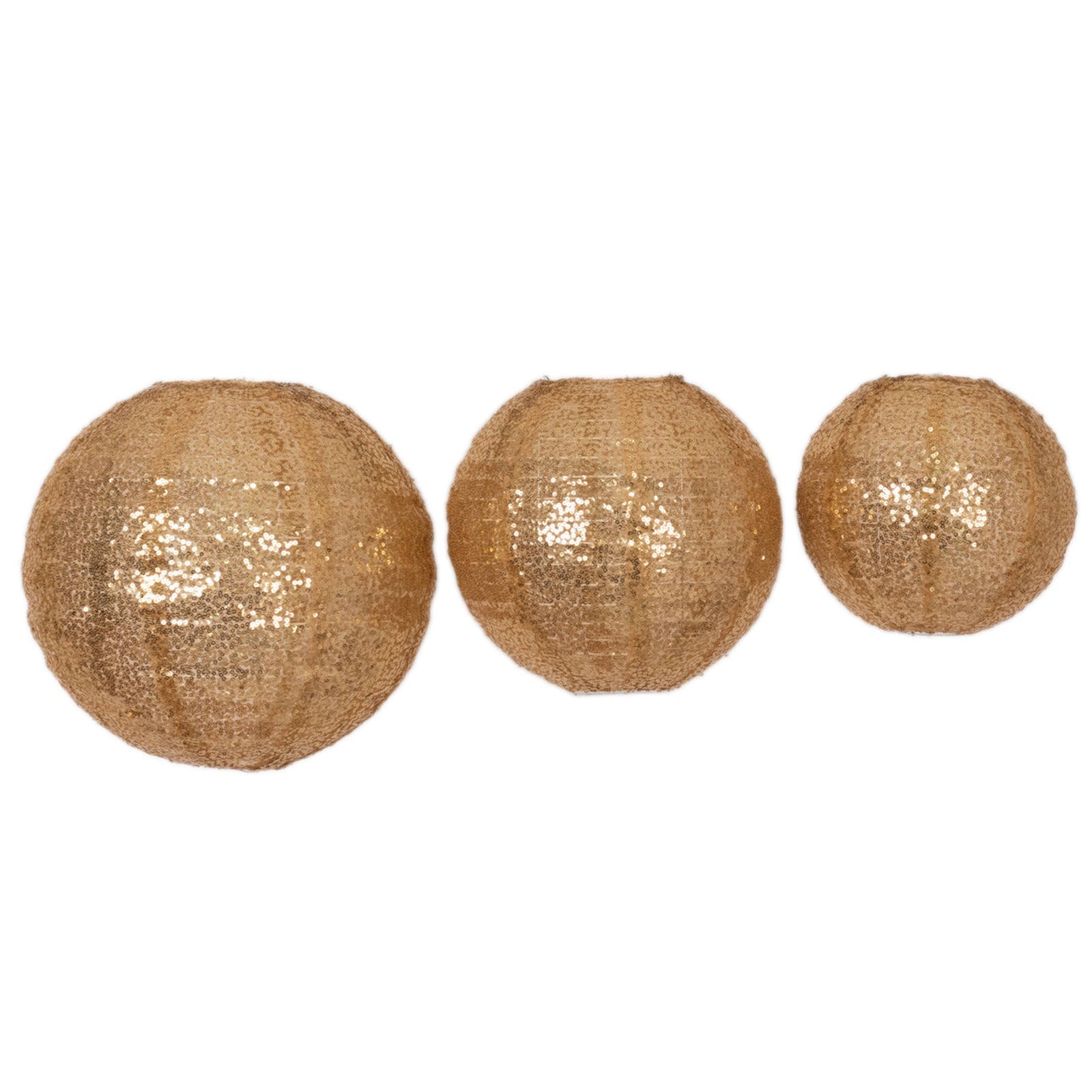 Set of 3 Glitter Gold Sequin Fabric Hanging Lanterns, Decorative Round Foldable Chinese Lantern Lampshades - 8",10",12"