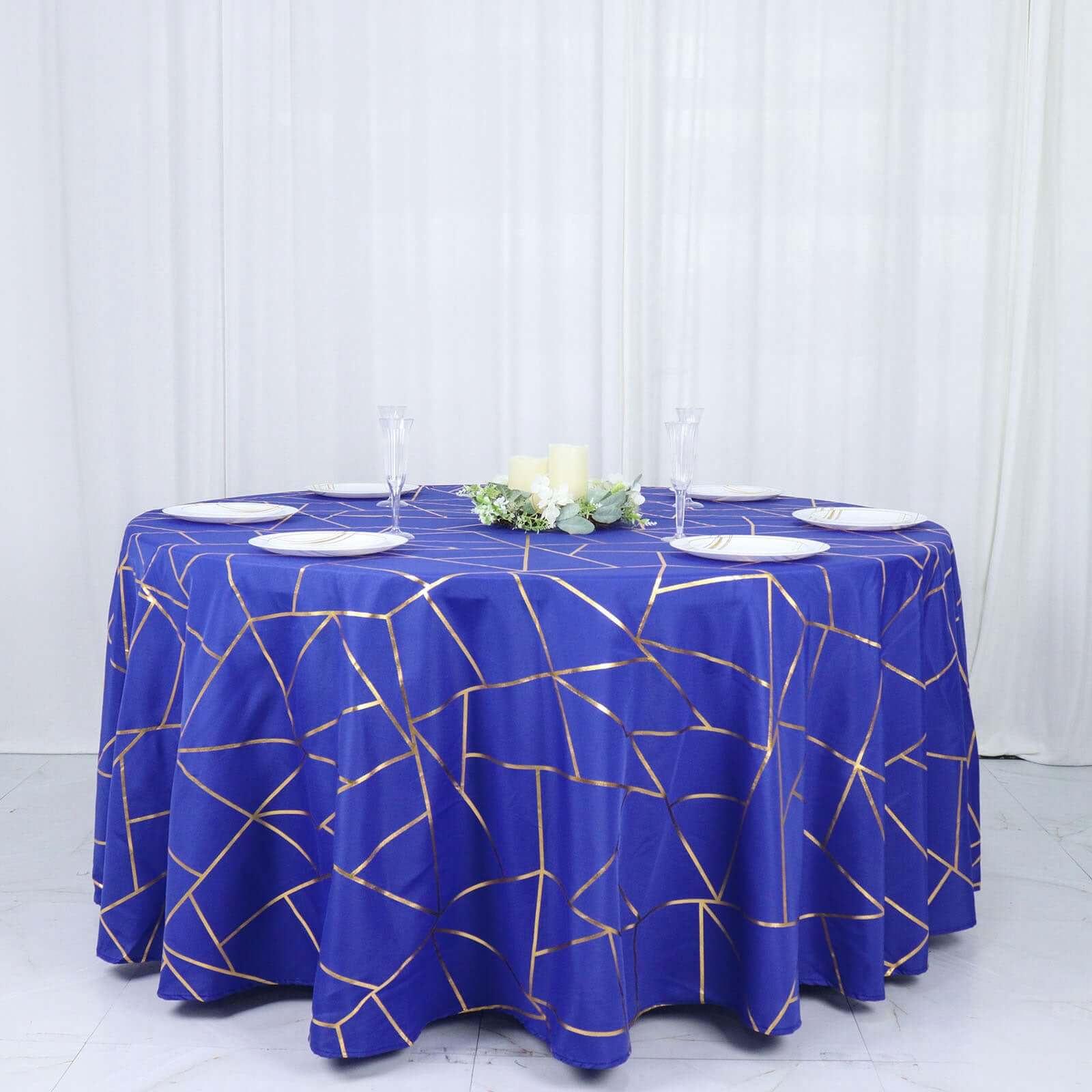 Polyester 120" Round Tablecloth Royal with Gold Foil Geometric Pattern Wrinkle-Resistant Seamless Table Cover