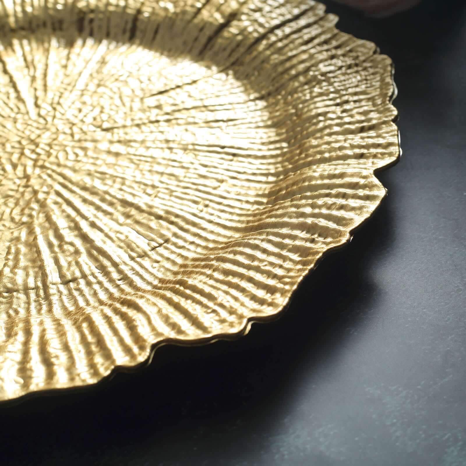 6-Pack Acrylic Plastic Round Charger Plates 13" in Gold with Reef Design, Classy Dinner Party Charger Tableware