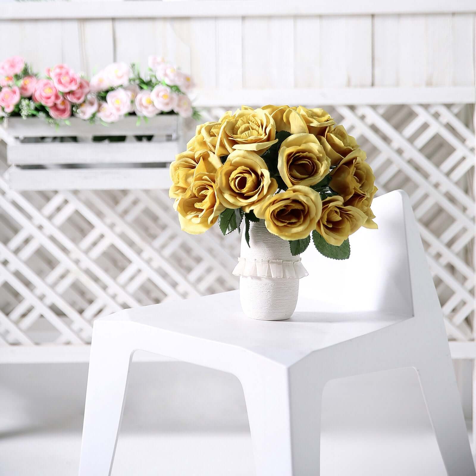 12" Gold Artificial Velvet-Like Fabric Rose Flower Bouquet Bush