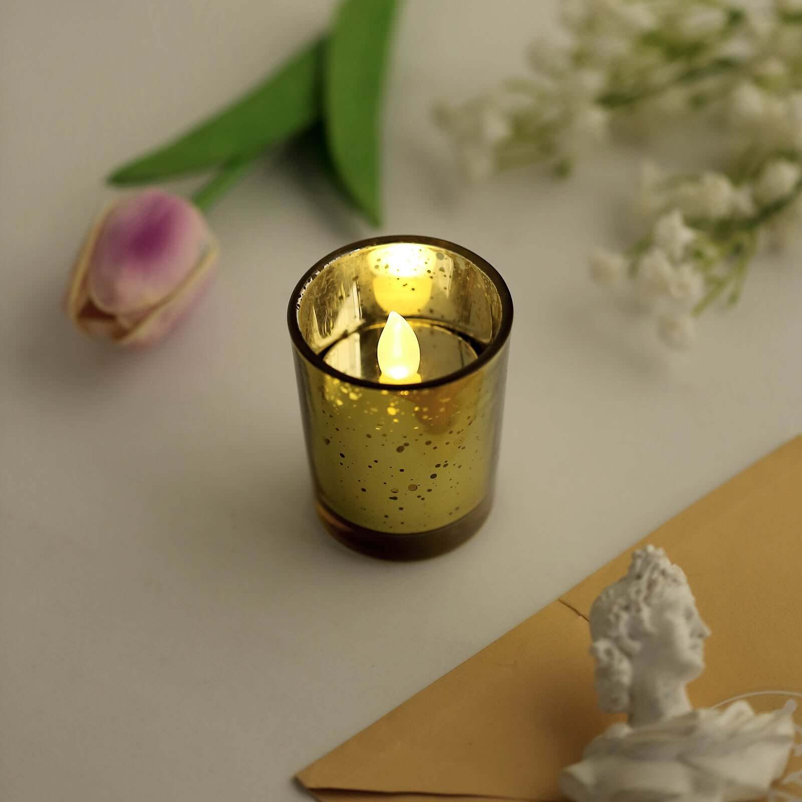 12-Pack Mercury Glass Candle Holders Gold with Speckled Design - Votive Tealight Holders 2"
