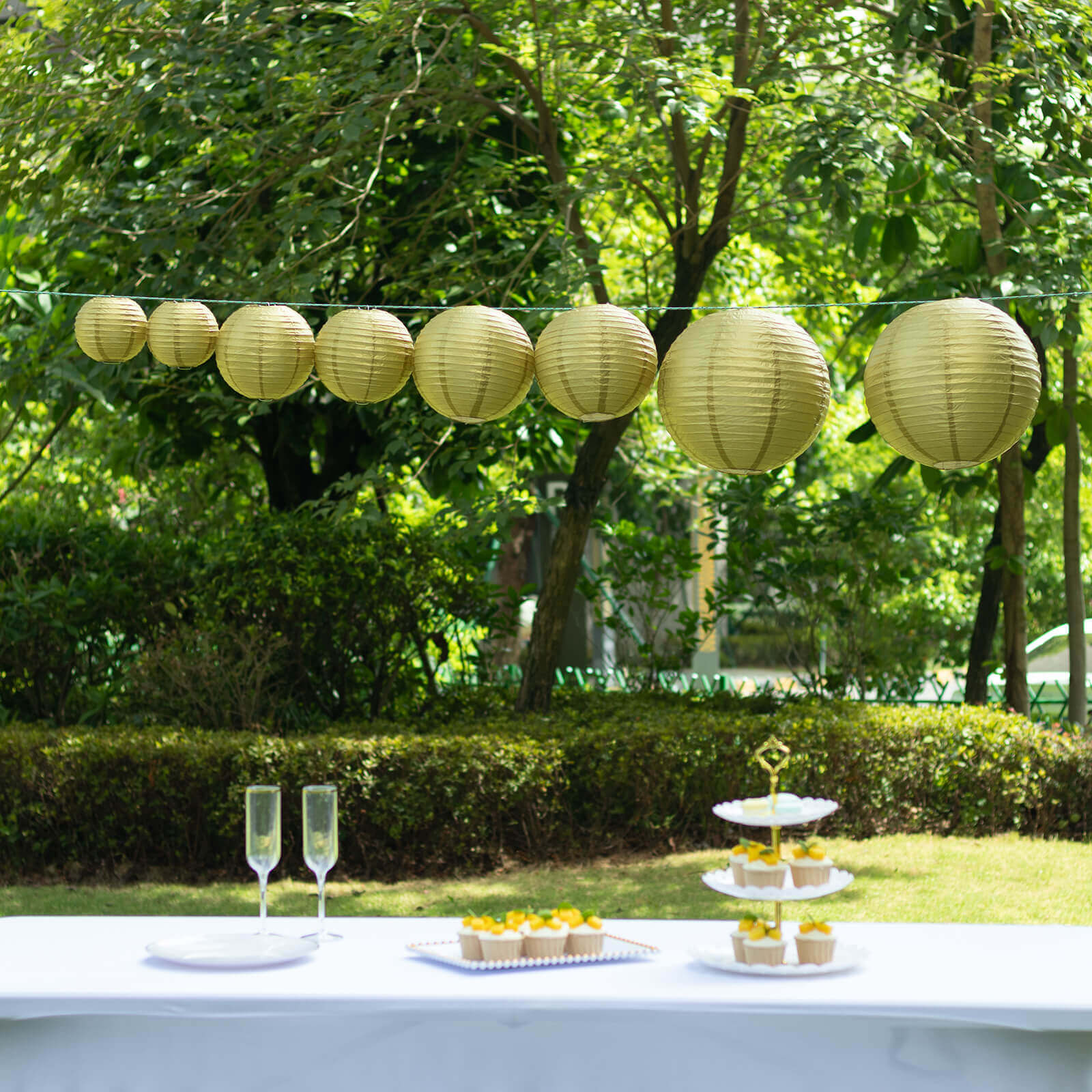 Set of 8 Gold Hanging Paper Lanterns, Decorative Round Chinese Sky Lanterns, Assorted Sizes  - 6",8",10",14"