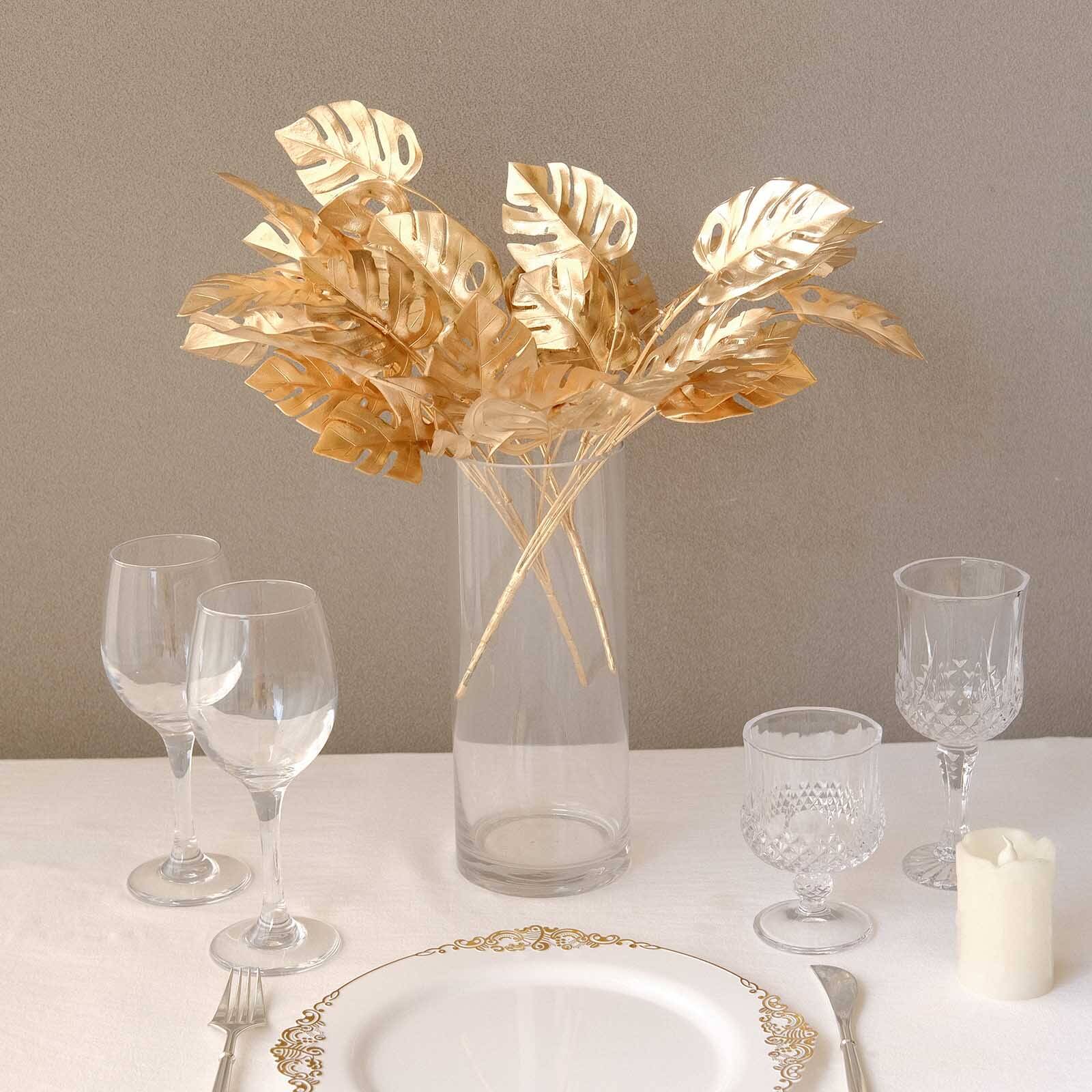 4-Pack Artificial Monstera Leaves Bushes Metallic Gold - Chic Faux Palm Leaf Decor Vase Filler for Hawaiian Jungle Tropical Themed Weddings Parties & Events 14"