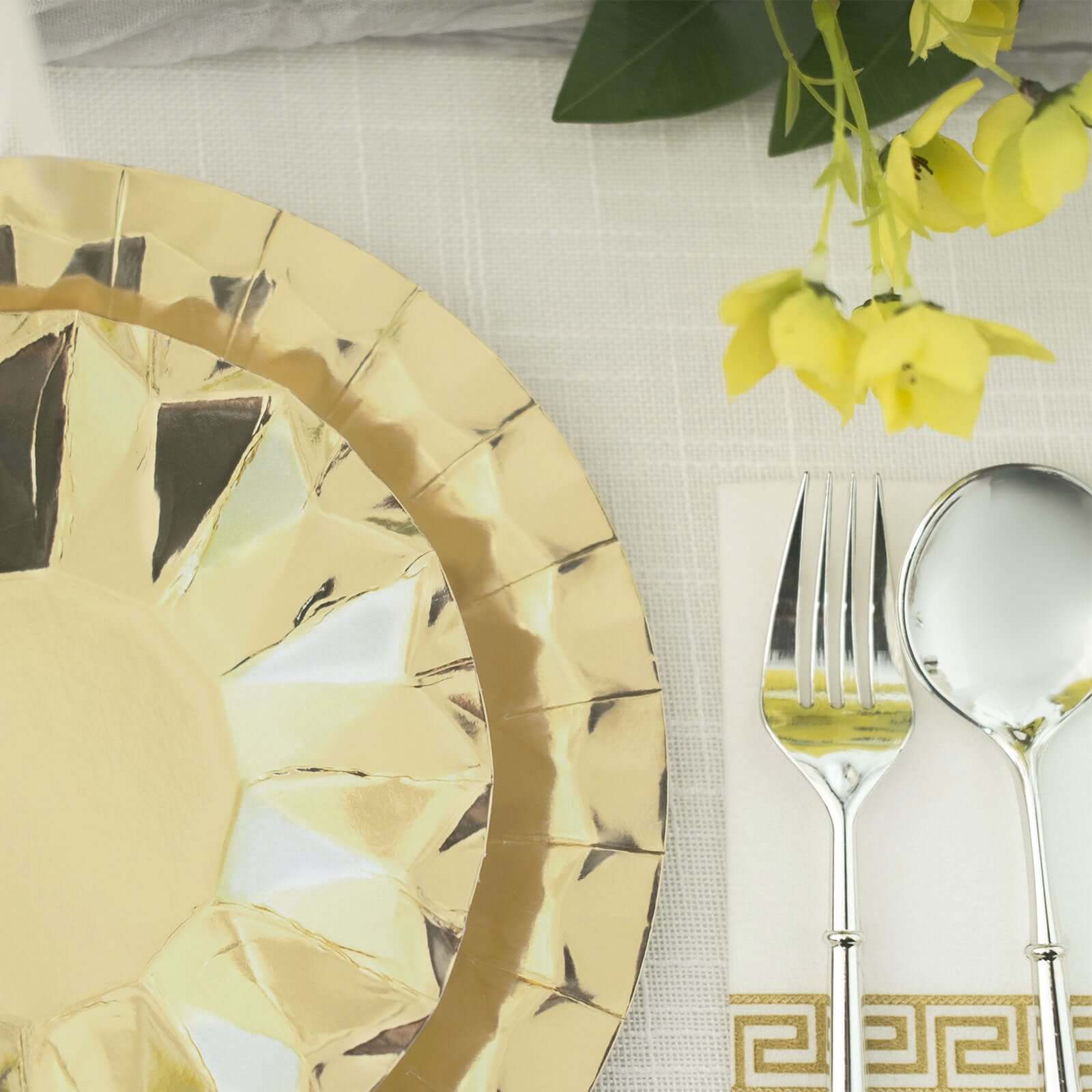 25-Pack Paper 9" Round Dinner Plates in Metallic Gold with Geometric Prism Rim - Disposable 400GSM Party Plates for Banquets & Celebrations