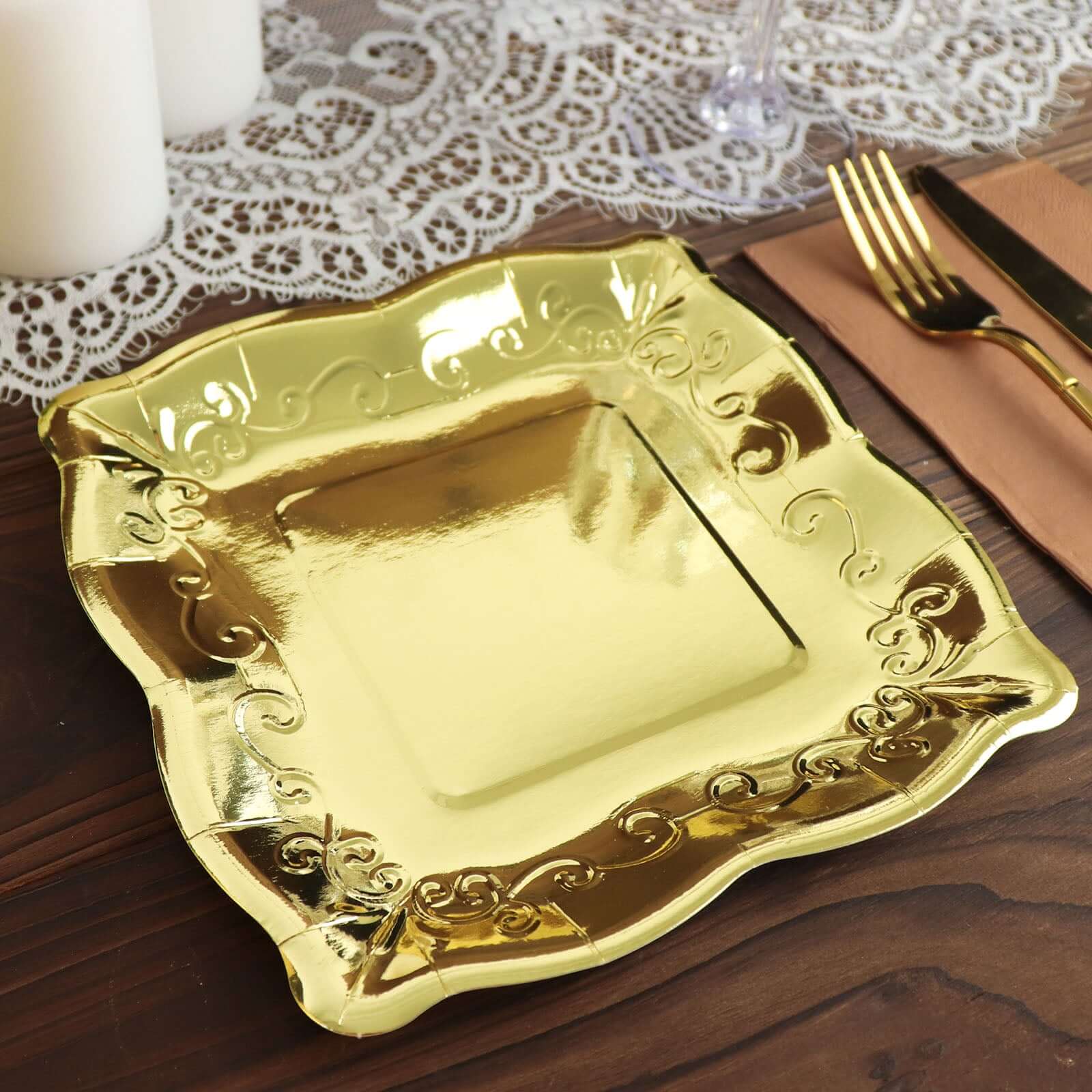 25-Pack Paper 7" Square Dessert Plates in Gold with Vintage Pottery Embossed Design - Shiny Metallic Disposable Appetizer Plates for Luxe Gatherings & Celebrations