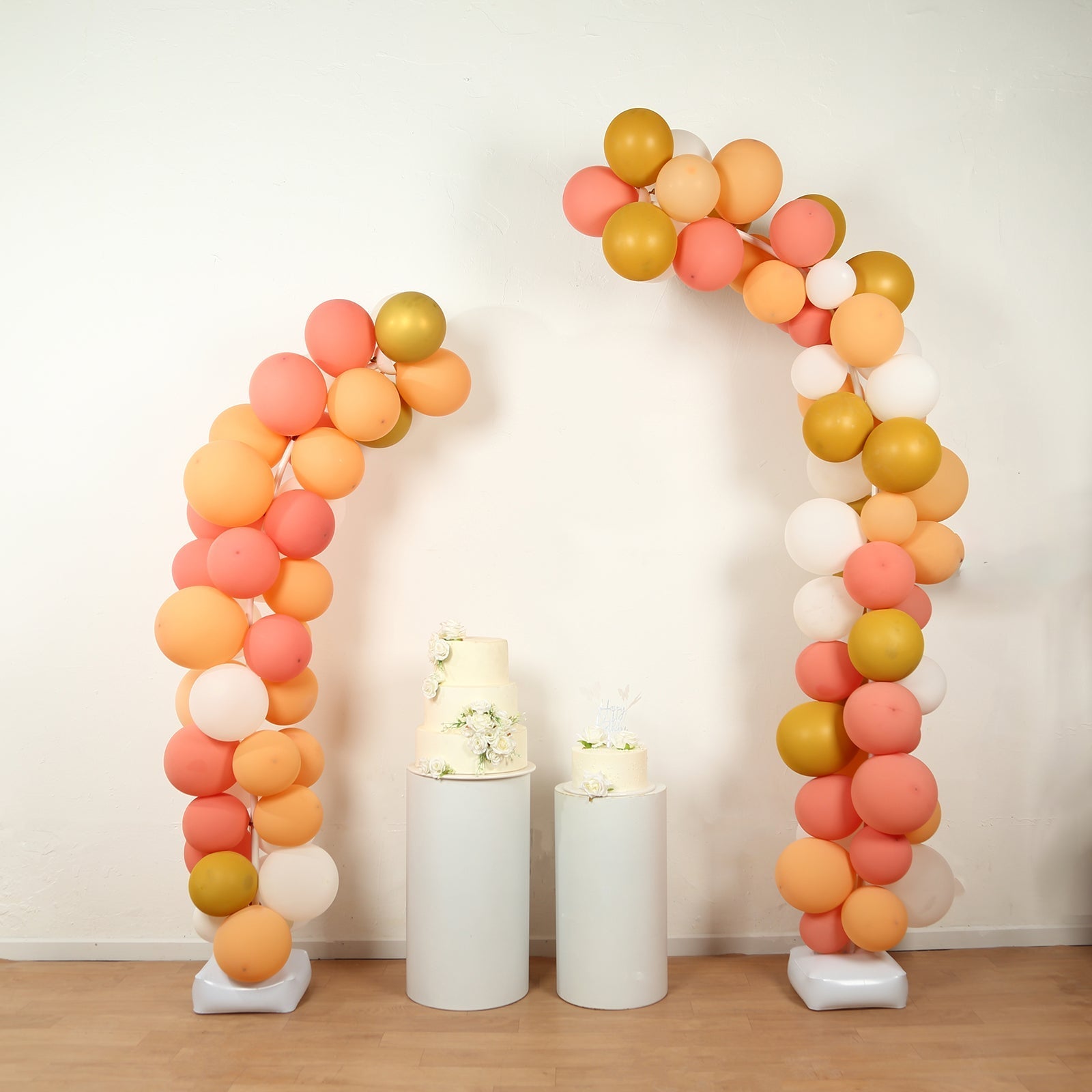 Set of 2 Free Bending White Balloon Column Stand Kit, Half Arch Balloon Tower Stands with Water Fillable Base, Hand Air Pump and Clips - 8ft,5ft
