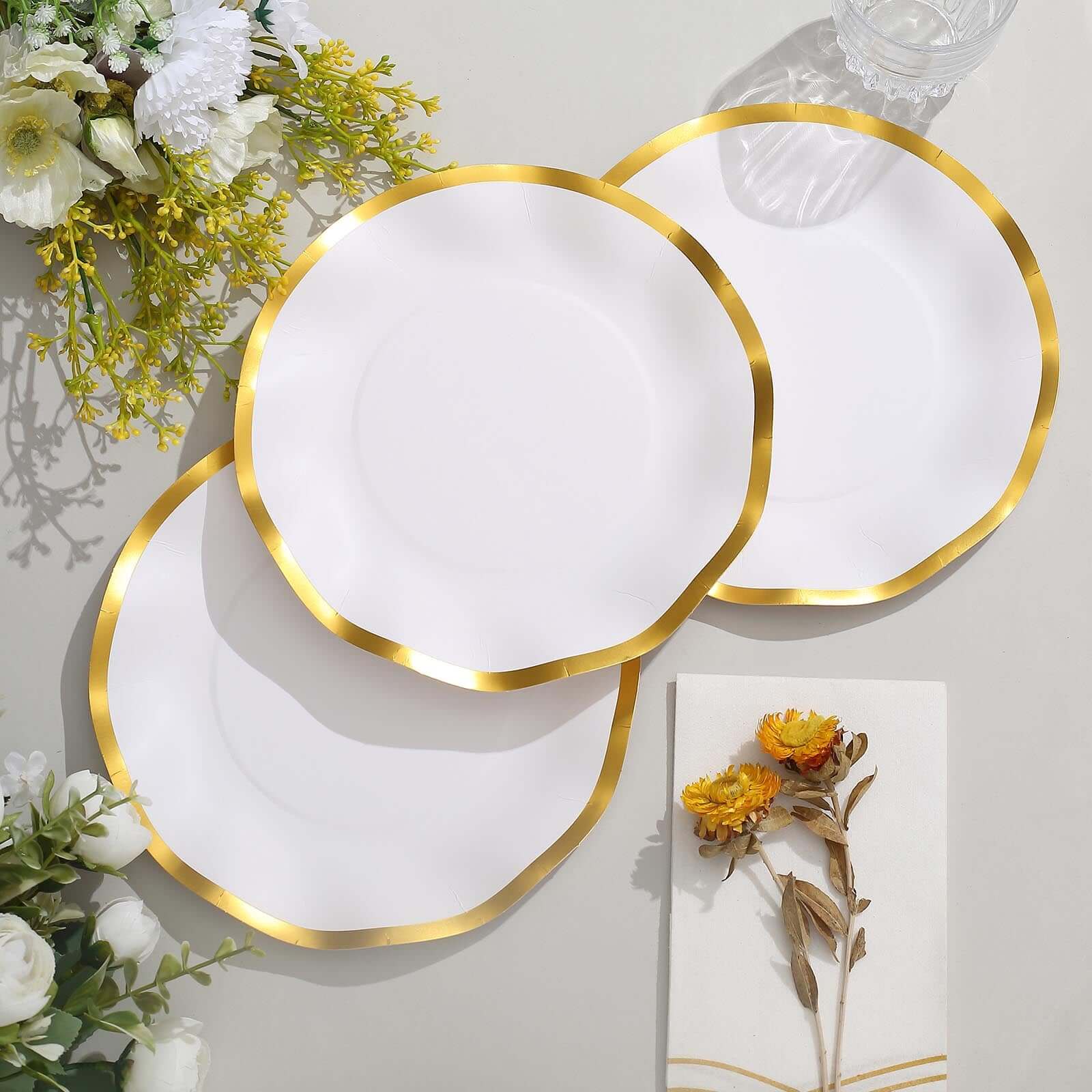 25-Pack Paper Round Dessert Plates 8" Matte White with Gold Wavy Rim - Disposable 350GSM Salad Plates for Banquets & Upscale Gatherings