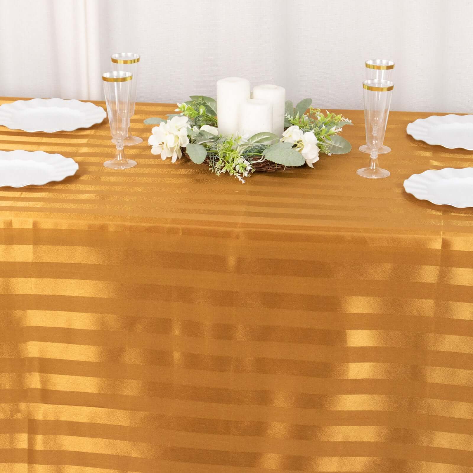 Satin Striped 90"x132" Rectangular Tablecloth Gold Satin Stripe - Seamless Silky Smooth Table Cover