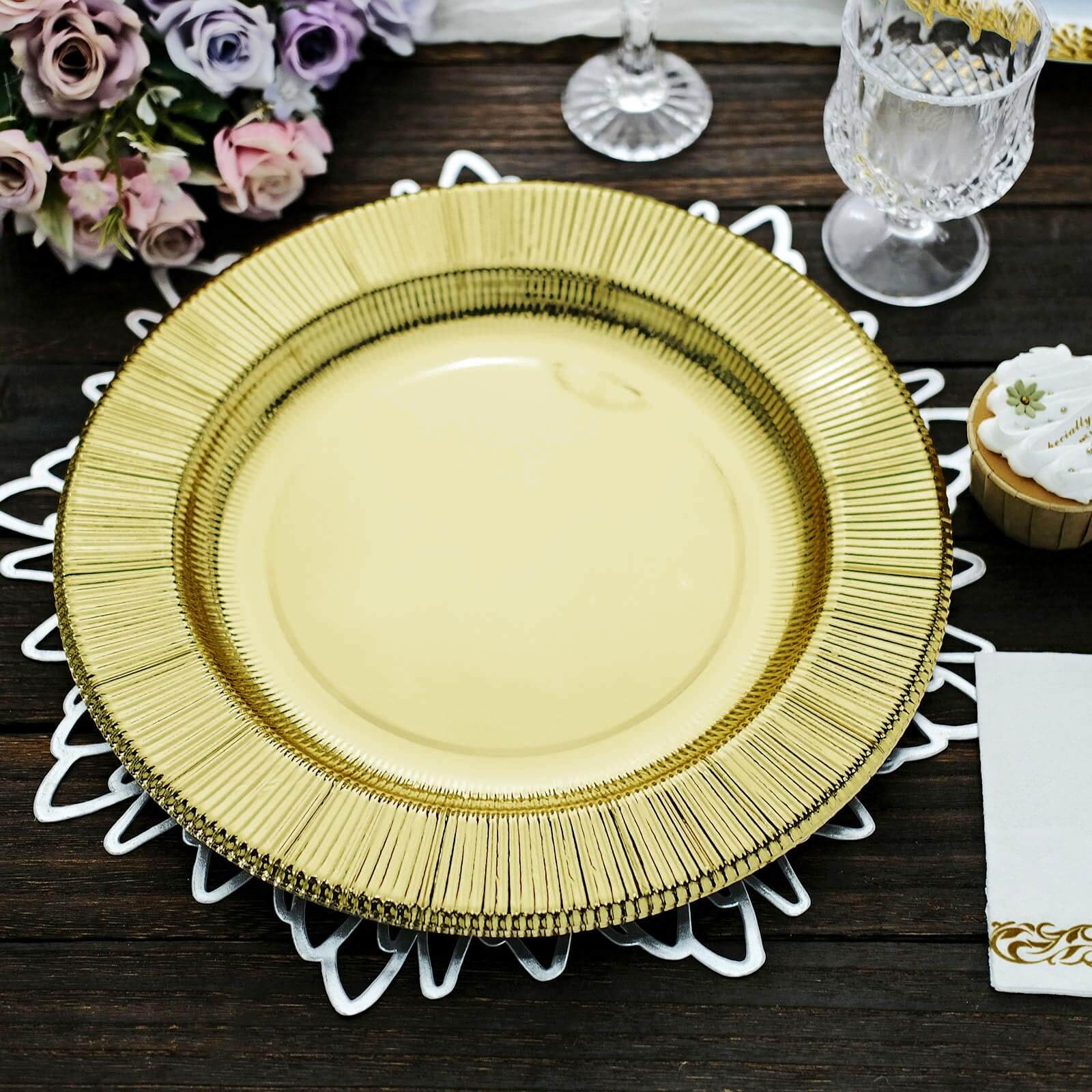 25-Pack Disposable Round Charger Plates in Metallic Gold Sunray Design - 350GSM Heavy Duty Paper Chargers for Chic Table Settings 13"