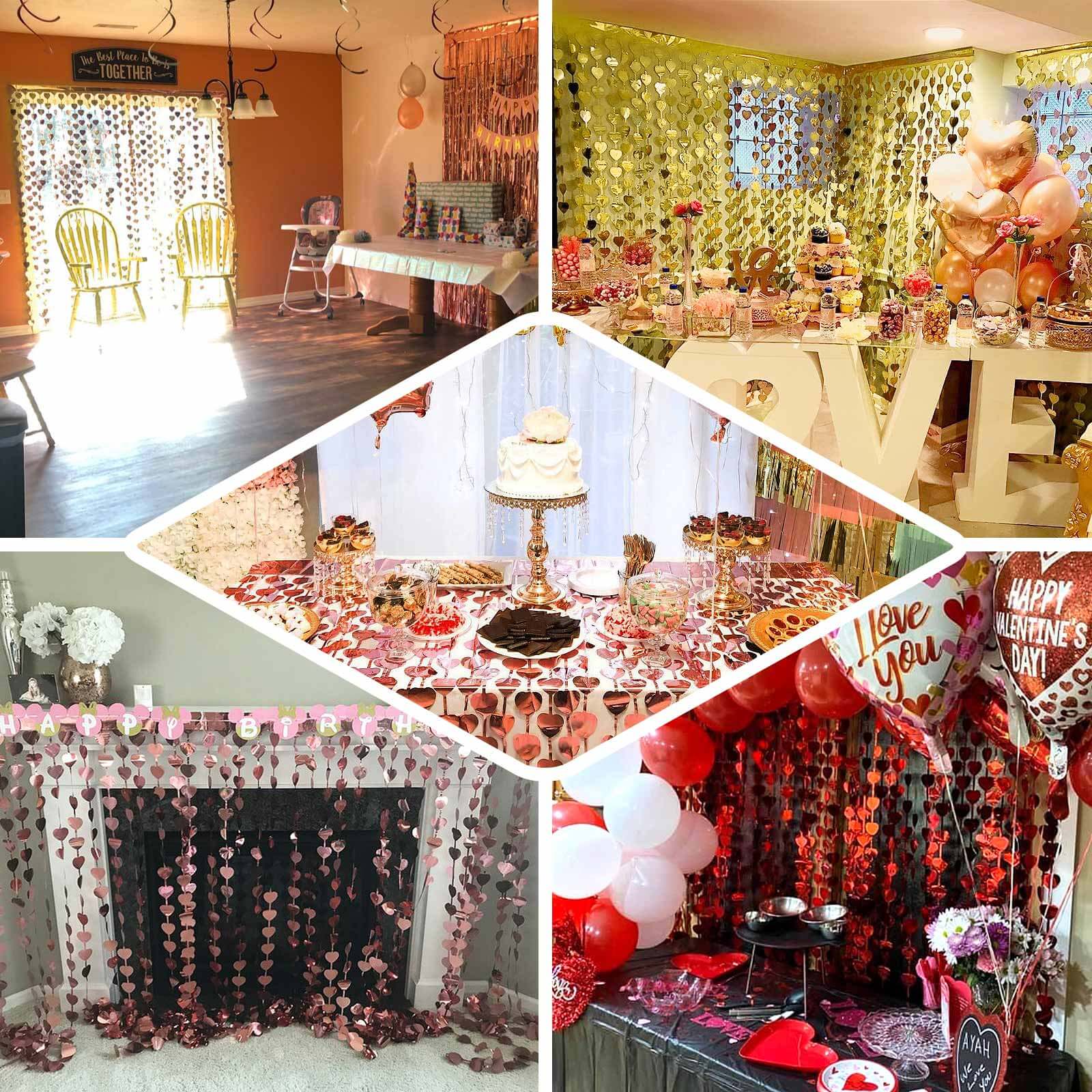 Gold Heart Chain Foil Fringe Curtain Party Backdrop, Metallic Gold Tinsel Streamer Party Decor - Door Window Foil Curtain - 3ftx6.5ft