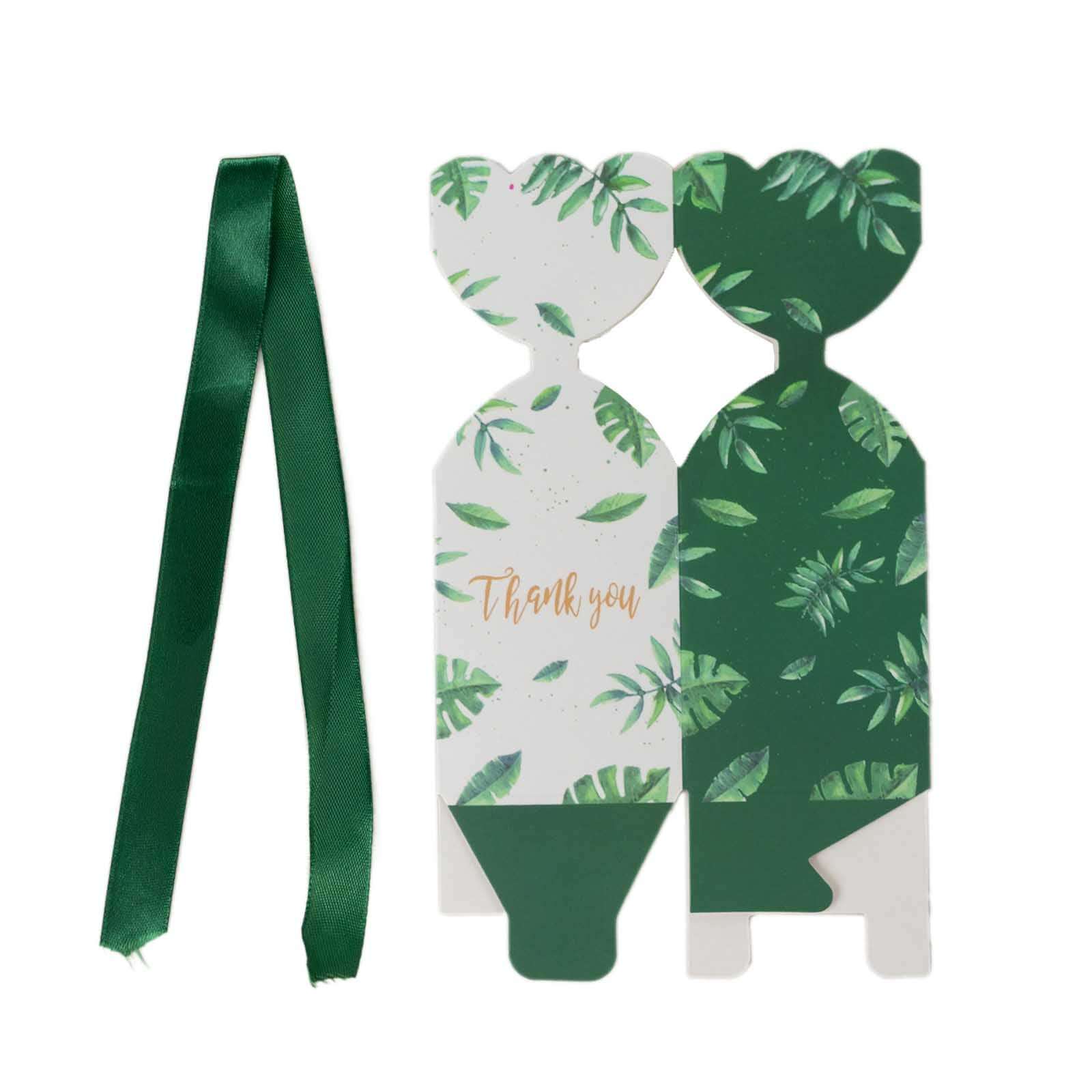 25 Pack White Green Leaf Print Satin Ribbon Candy Gift Boxes With Floral Top, Cardstock Paper Party Favor Boxes - 2"x5"