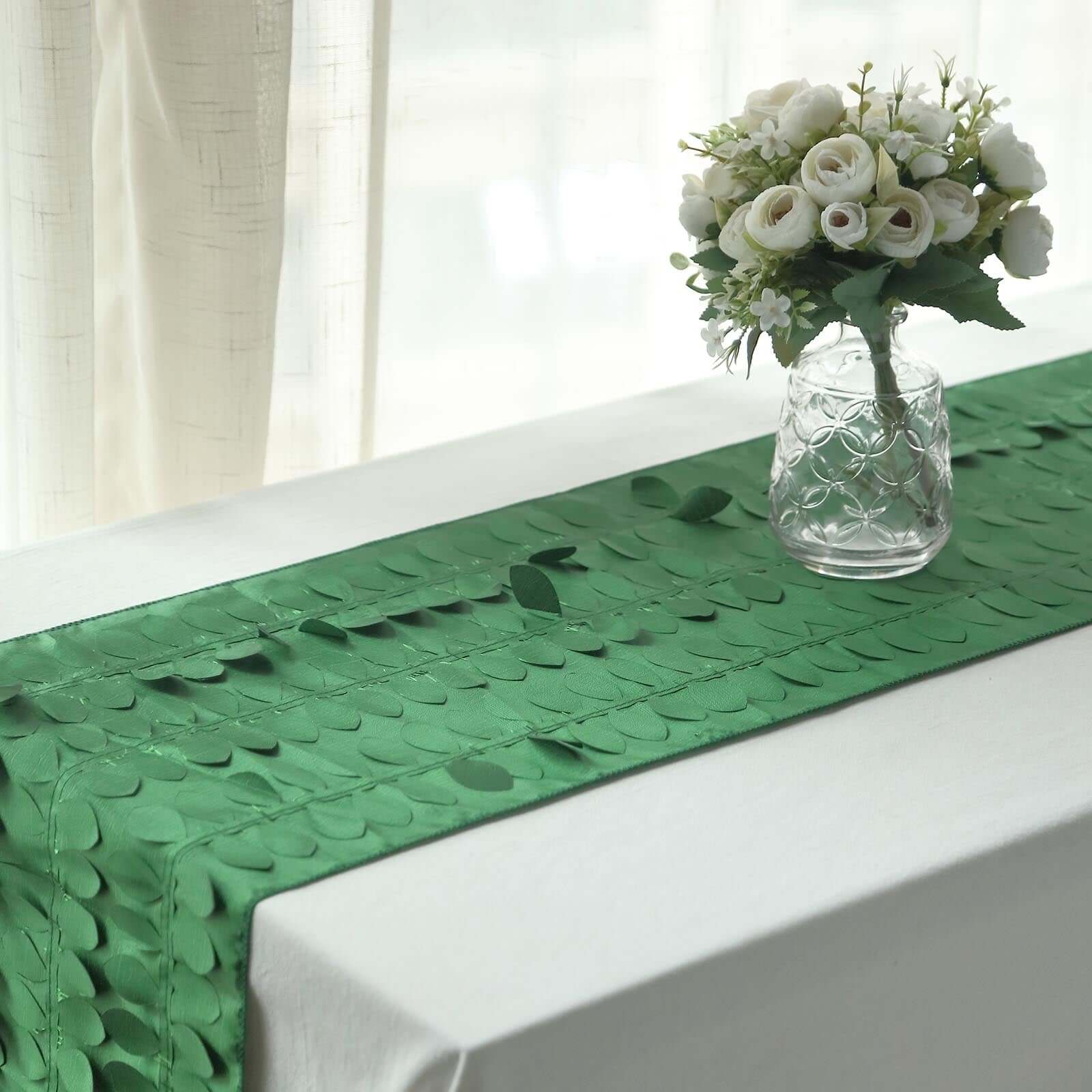 Taffeta Fabric 12"x108" Table Runner Green - 3D Leaf Petal Design