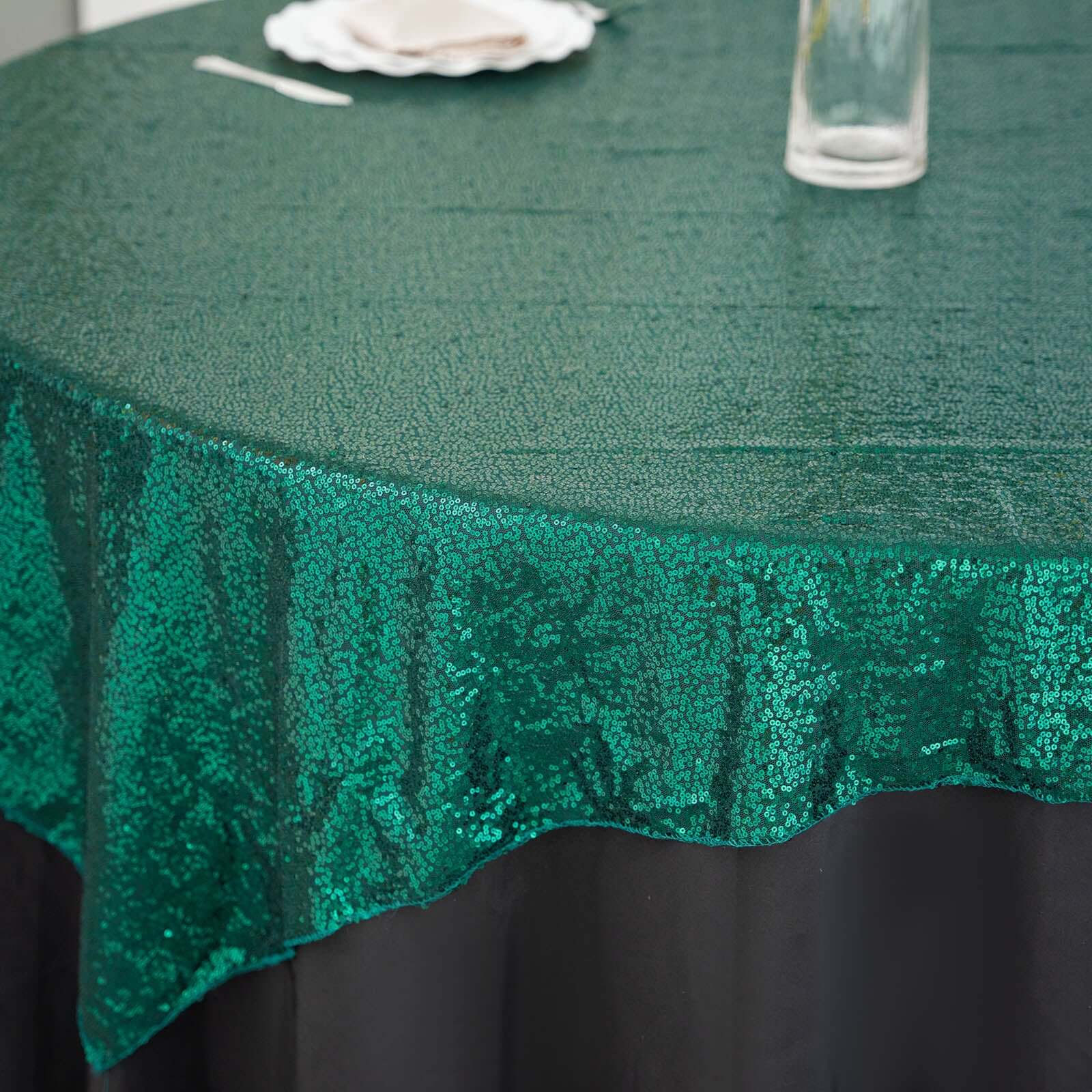 Sequin 60"x60" Table Overlay Square Tablecloth Hunter Emerald Green - Luxe Wedding Table Topper