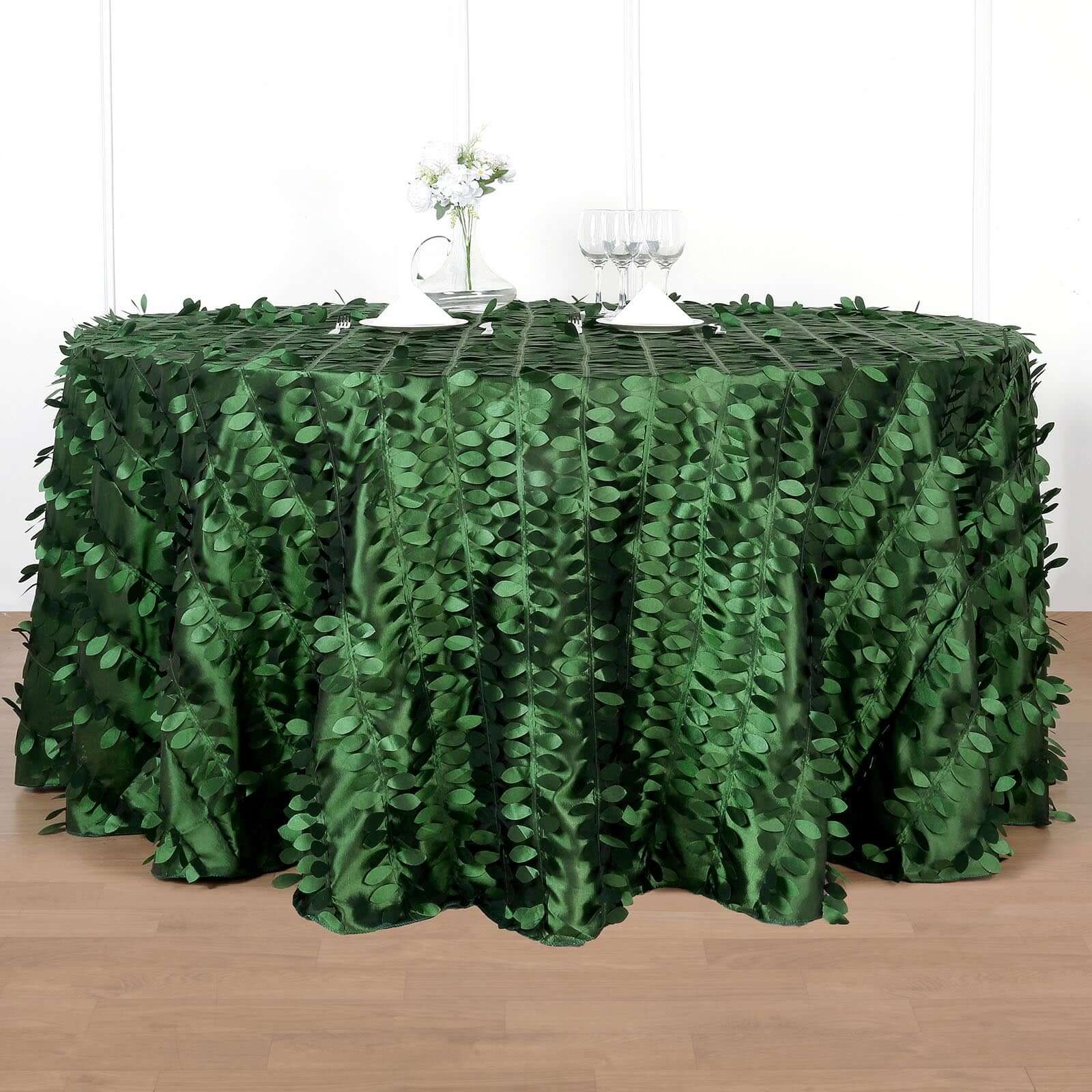 Taffeta 120" Round Tablecloth Green Leaf | 3D Leaf Petal Design Seamless Table Cover