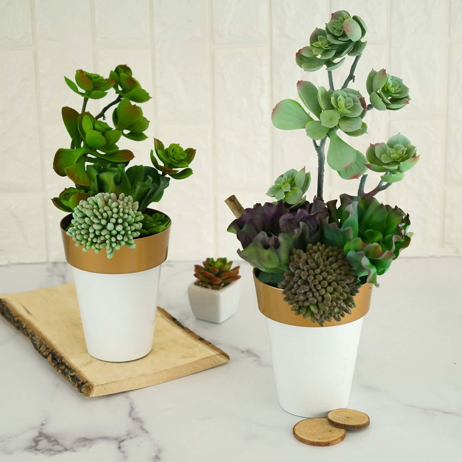 2-Pack Flower Plant Pots Medium Design White with Gold Rim - Plastic Indoor Decorative Planters 6"