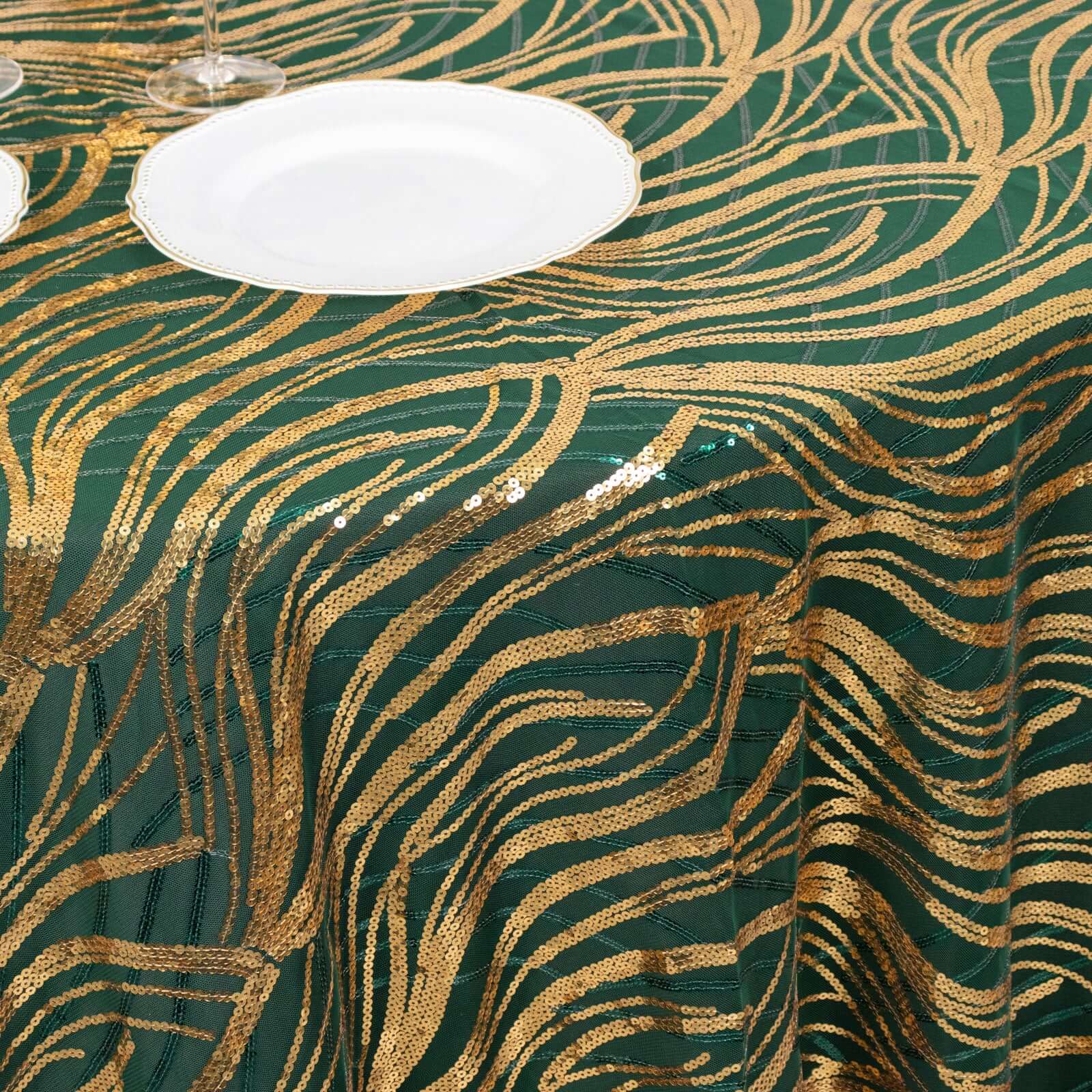 Sequin Mesh 120" Round Tablecloth Hunter Emerald Green/Gold - Seamless Wave Embroidered Table Cover