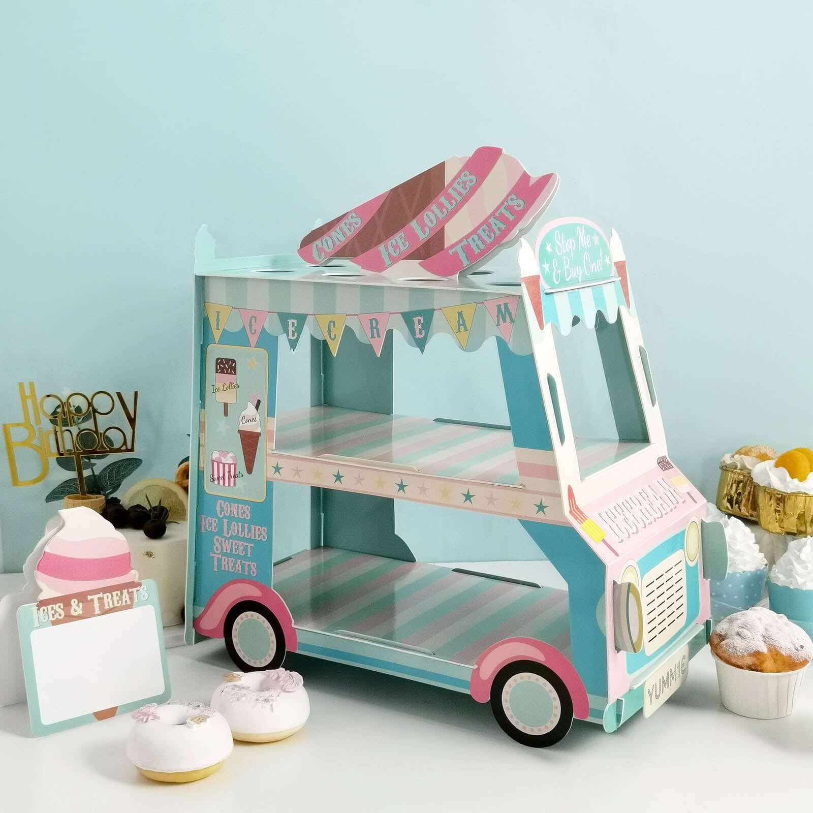 3-Tier Cardboard Cupcake Dessert Stand Tower with Ice Cream Truck Double Decker Design - Fun Disposable Treat Display for Kids' Parties & Snack Stations 16"