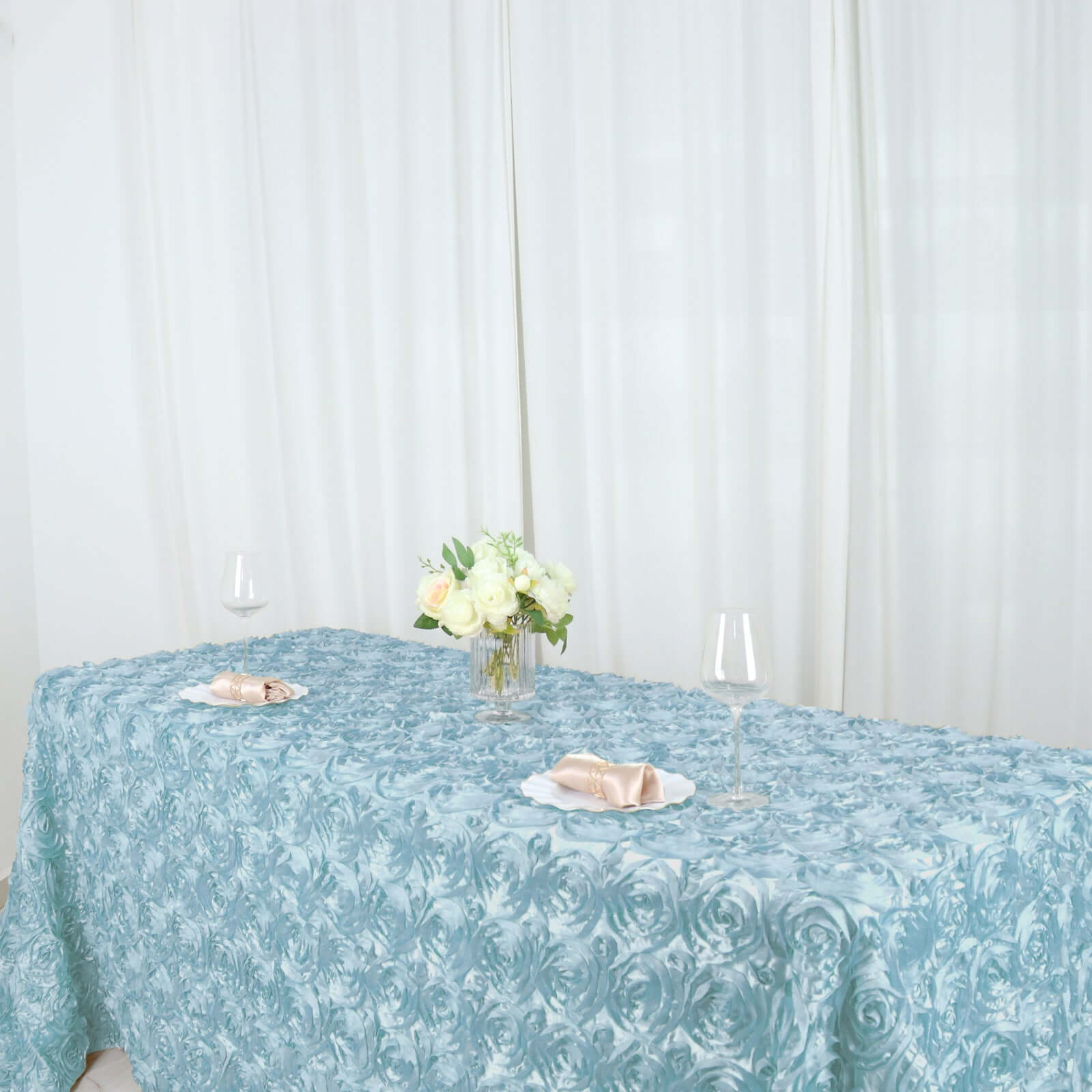 Satin 90"x132" Rectangle Tablecloth Light Blue - Grandiose 3D Rosette Seamless Table Cover
