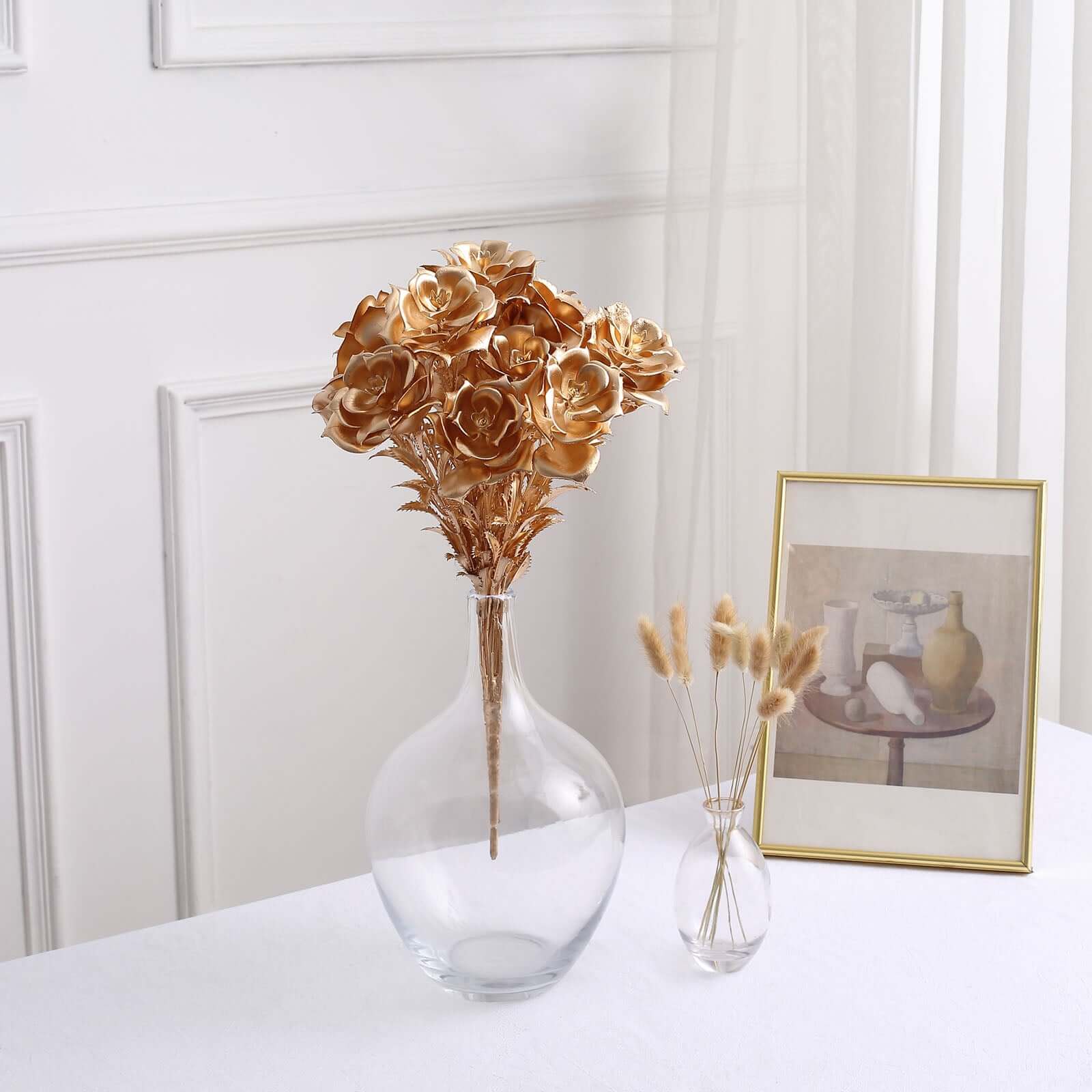 2-Pack Artificial Rose Bloomed Flower Bouquet Metallic Gold - Lustrous Faux Floral Arrangement for Seasonal Displays & Luxurious Decor Themes 17"