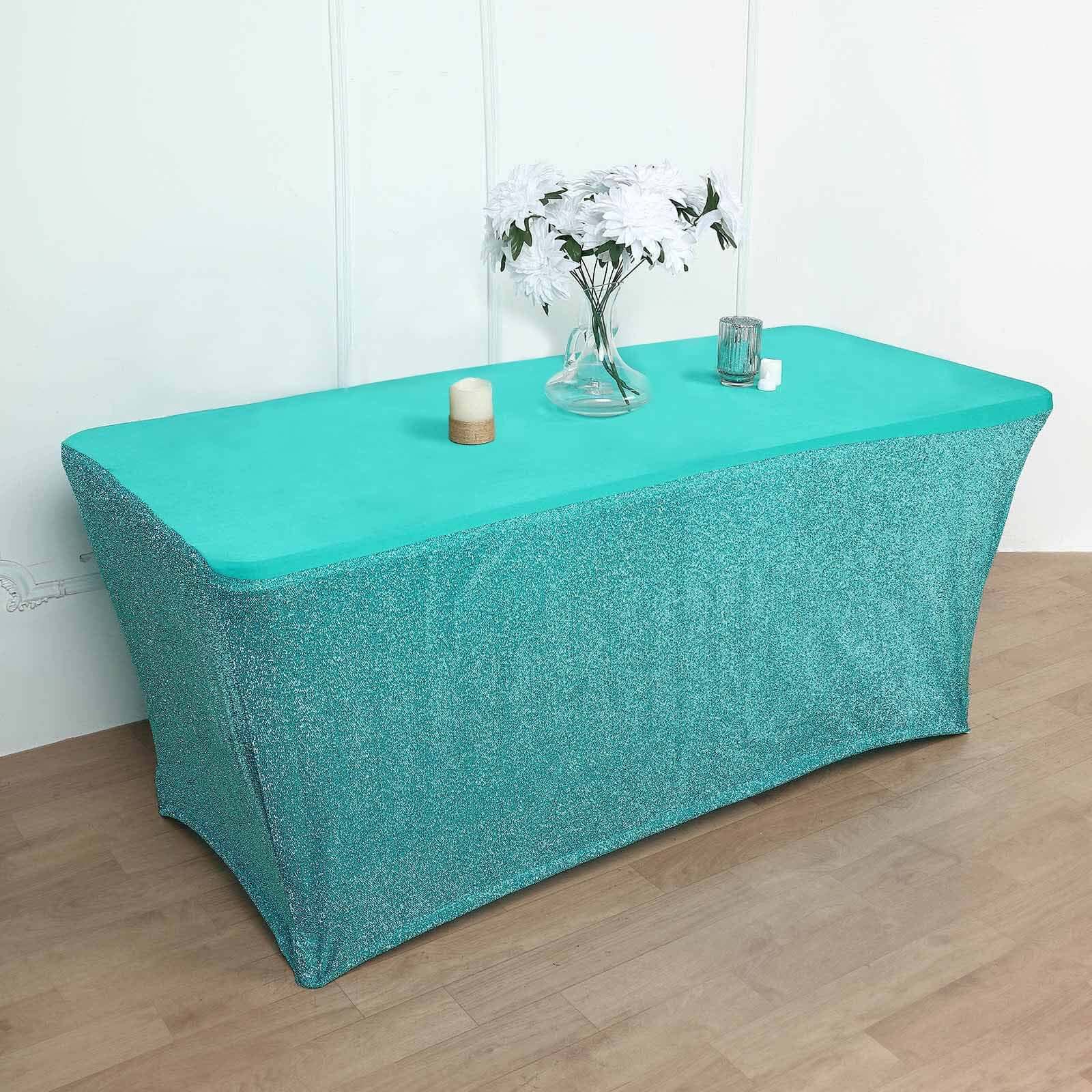 Stretch Spandex 72"x30" Rectangle Tablecloth Metallic Turquoise - Form-Fitting Table Cover