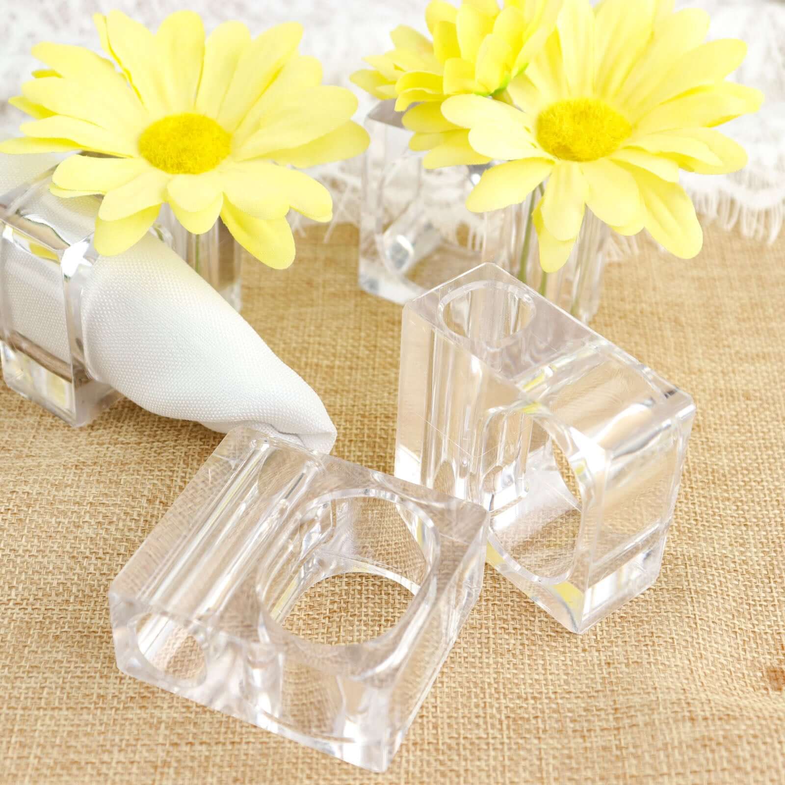 4-Pack Acrylic Napkin Rings 2-in-1 Square Mini Bud Vase Clear - Decorative Flower Napkin Holders for Table Settings