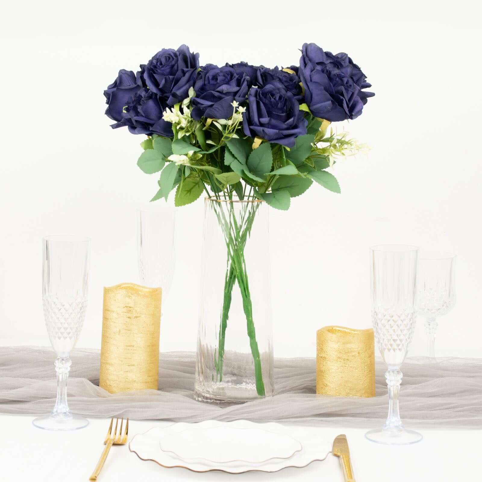 2 Bushes 18" Real Touch Navy Blue Artificial Rose Flower Bouquet, Silk Long Stem Flower Arrangements