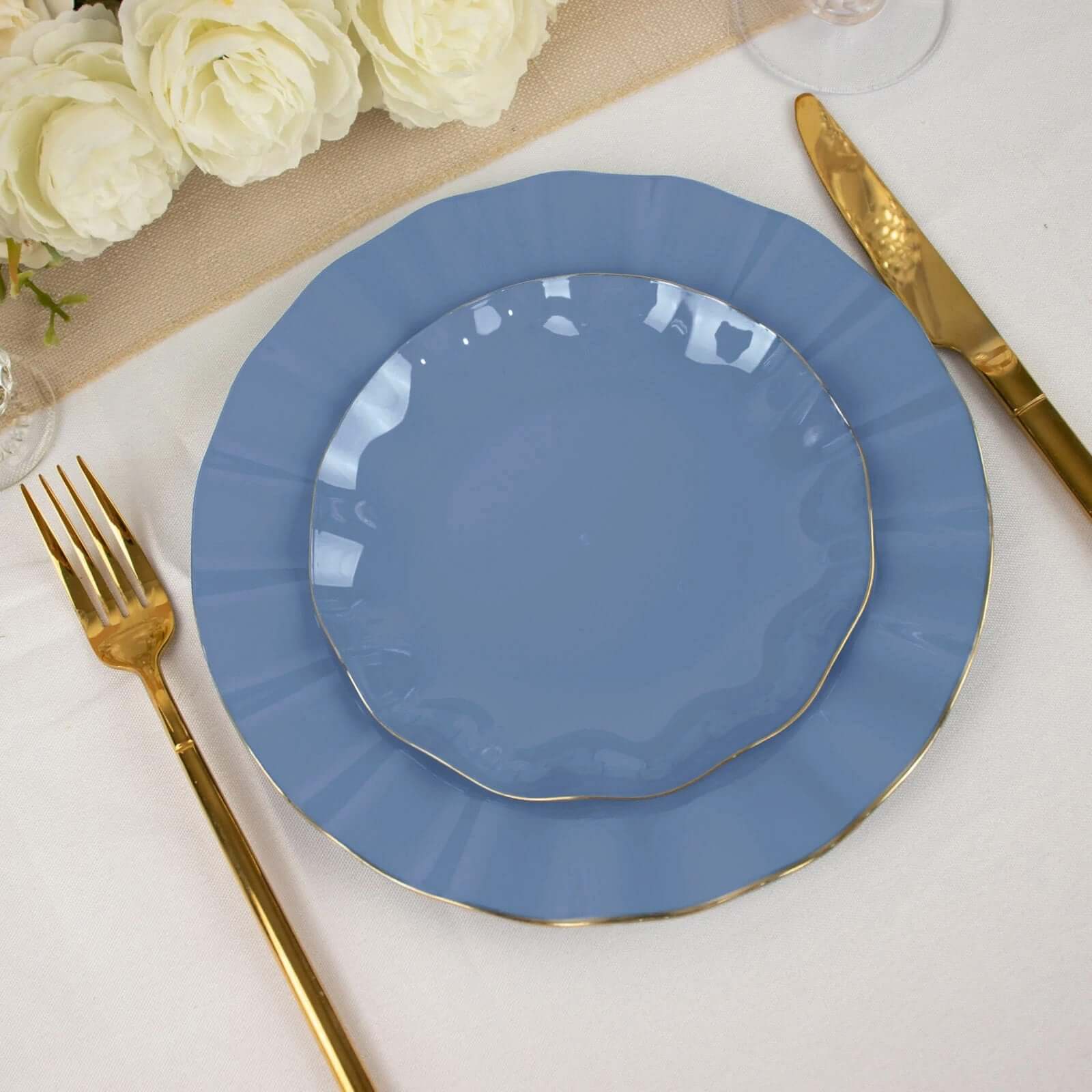 10-Pack Plastic Round 6" Dessert Plates in Ocean Blue Ruffled Rim with Gold Edging - Sturdy Disposable Salad Appetizer Dinnerware