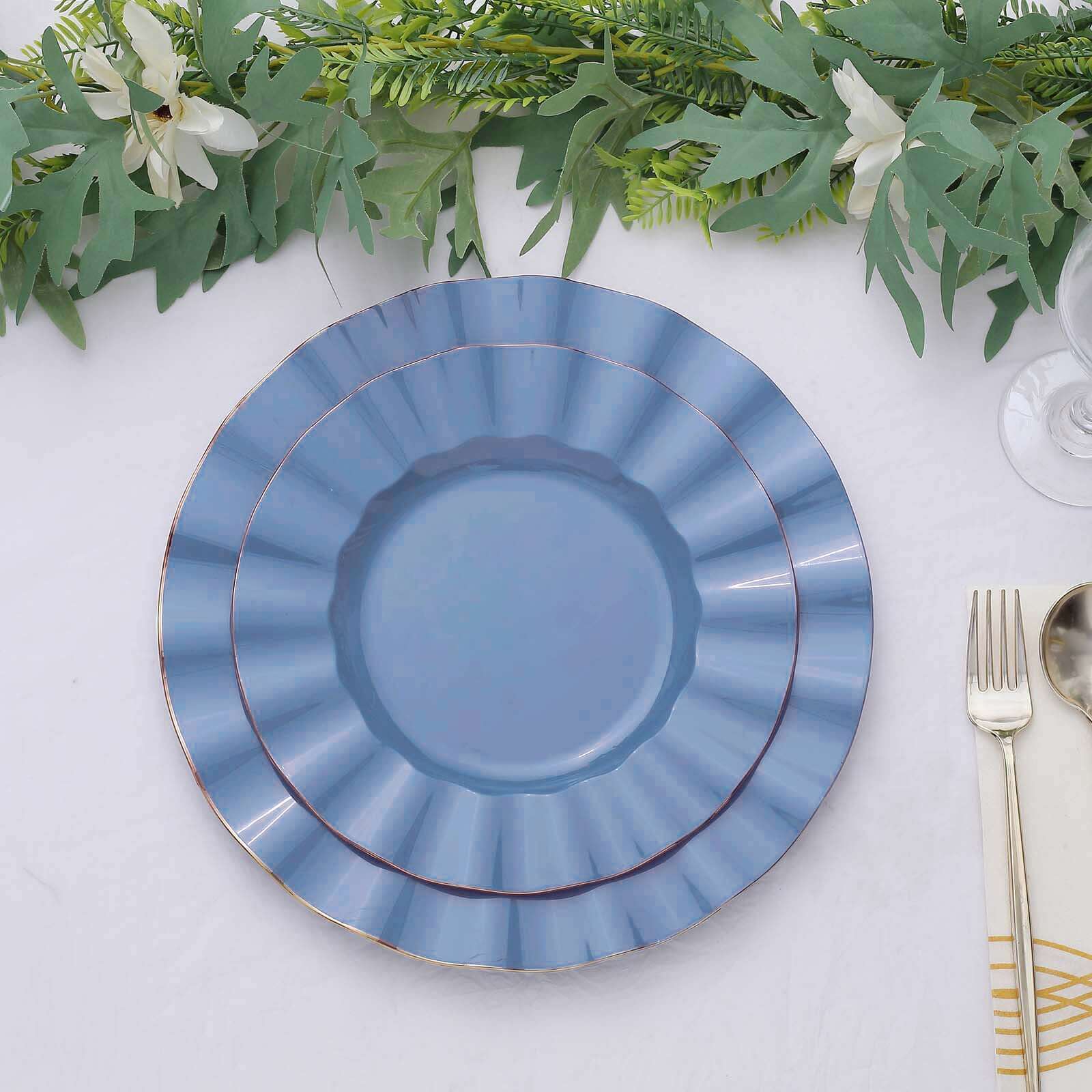 10-Pack Plastic 11" Round Dinner Plates in Ocean Blue Ruffled Rim with Gold Edging - Sturdy Disposable Dinnerware