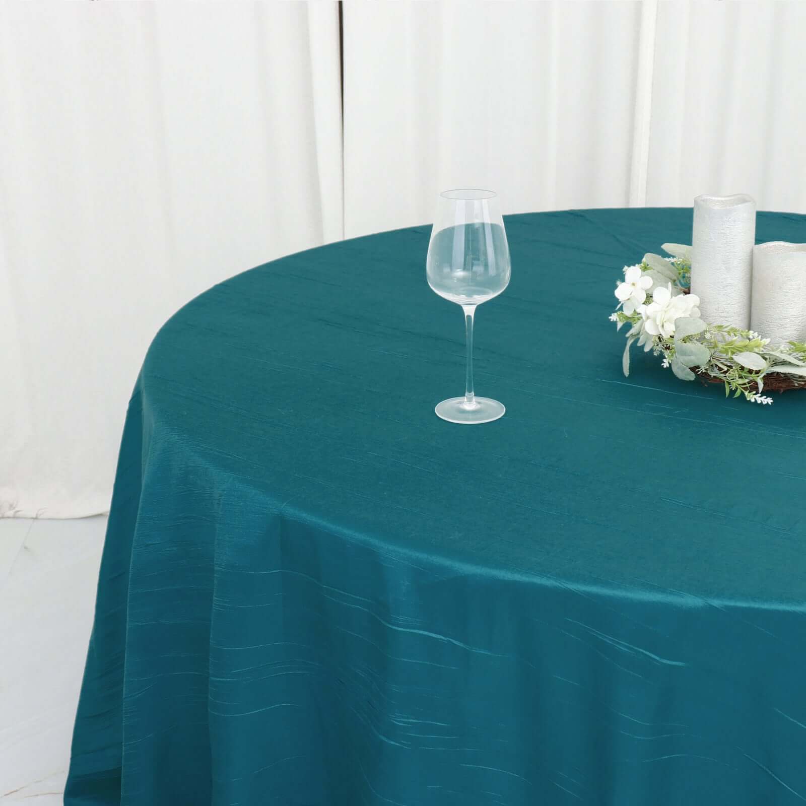 Taffeta 120" Round Tablecloth Peacock Teal - Seamless Accordion Crinkle Table Cover