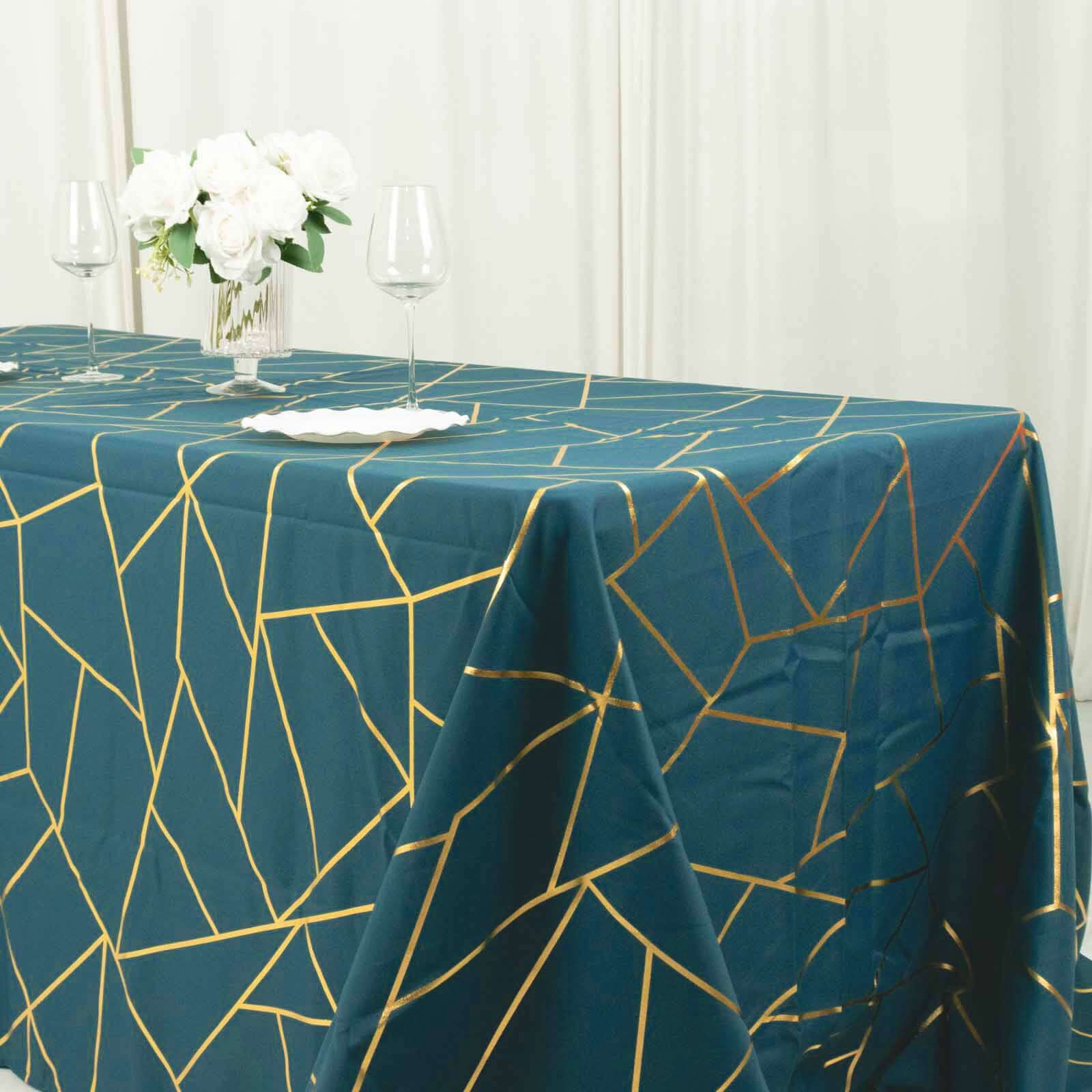 90"x132" Peacock Teal Seamless Rectangle Polyester Tablecloth With Gold Foil Geometric Pattern for 6 Foot Table With Floor-Length Drop