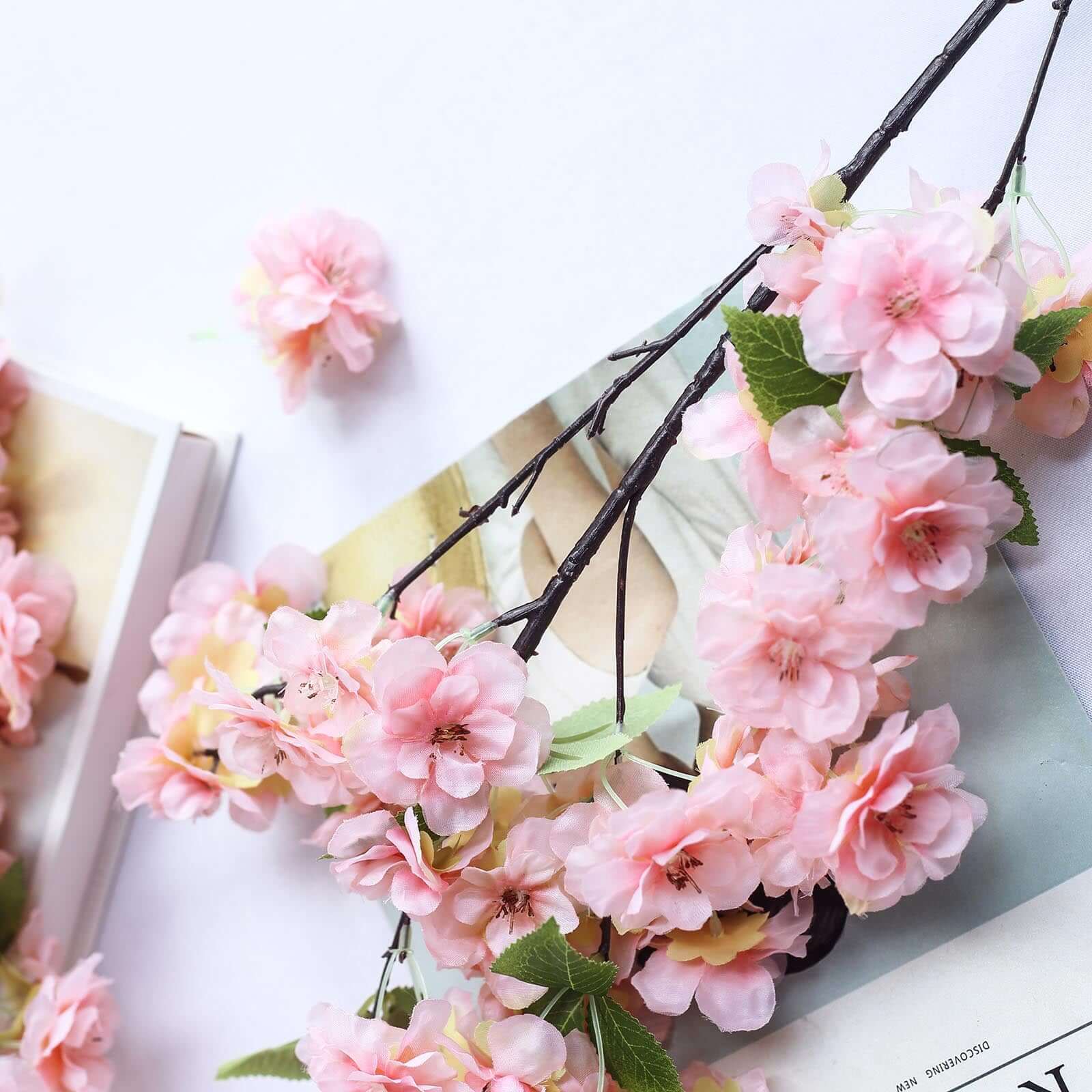 4 Bushes 40" Tall Pink Artificial Silk Cherry Blossom Flowers, Branches