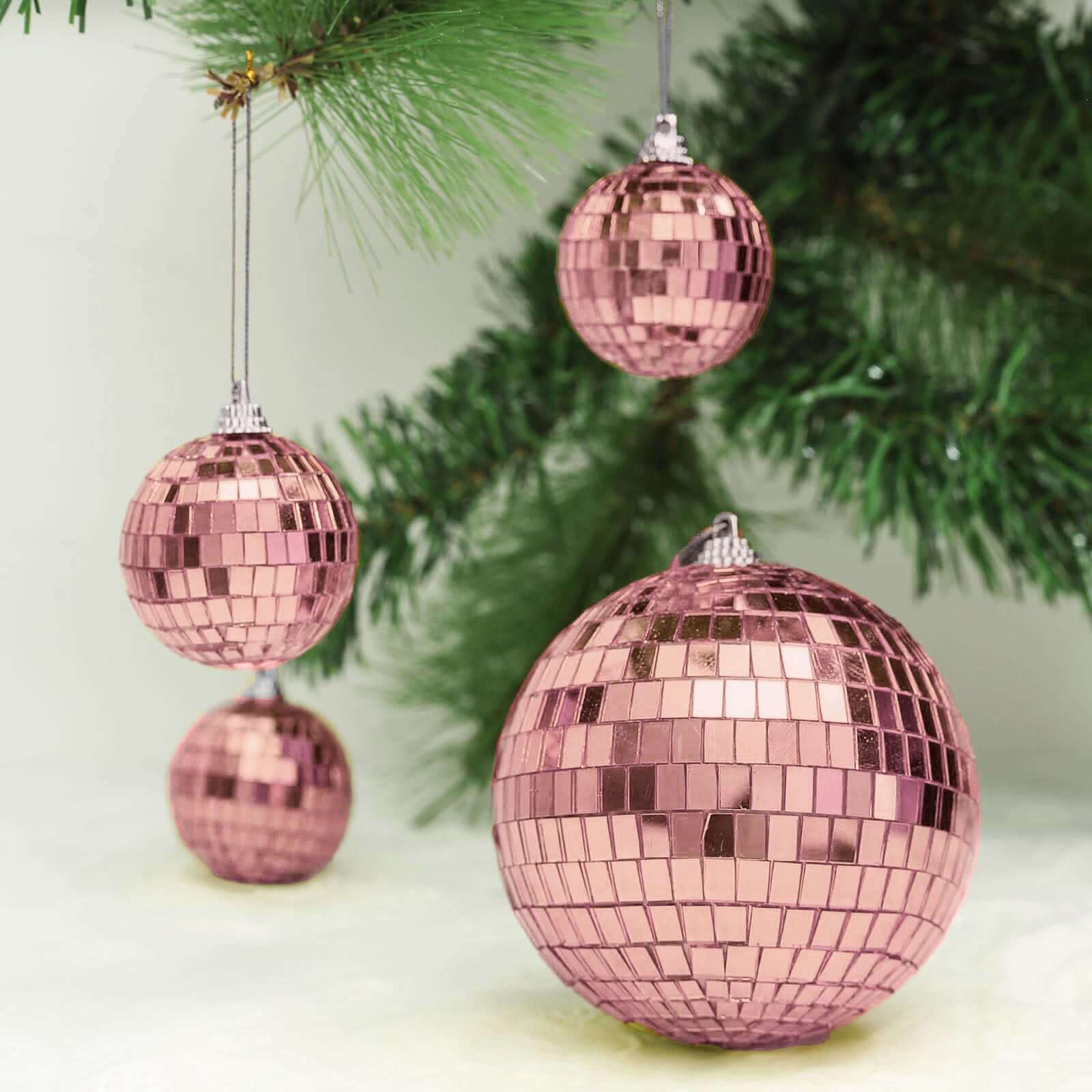 4 Pack 4" Rose Gold Foam Disco Mirror Ball With Hanging Strings, Holiday Christmas Ornaments