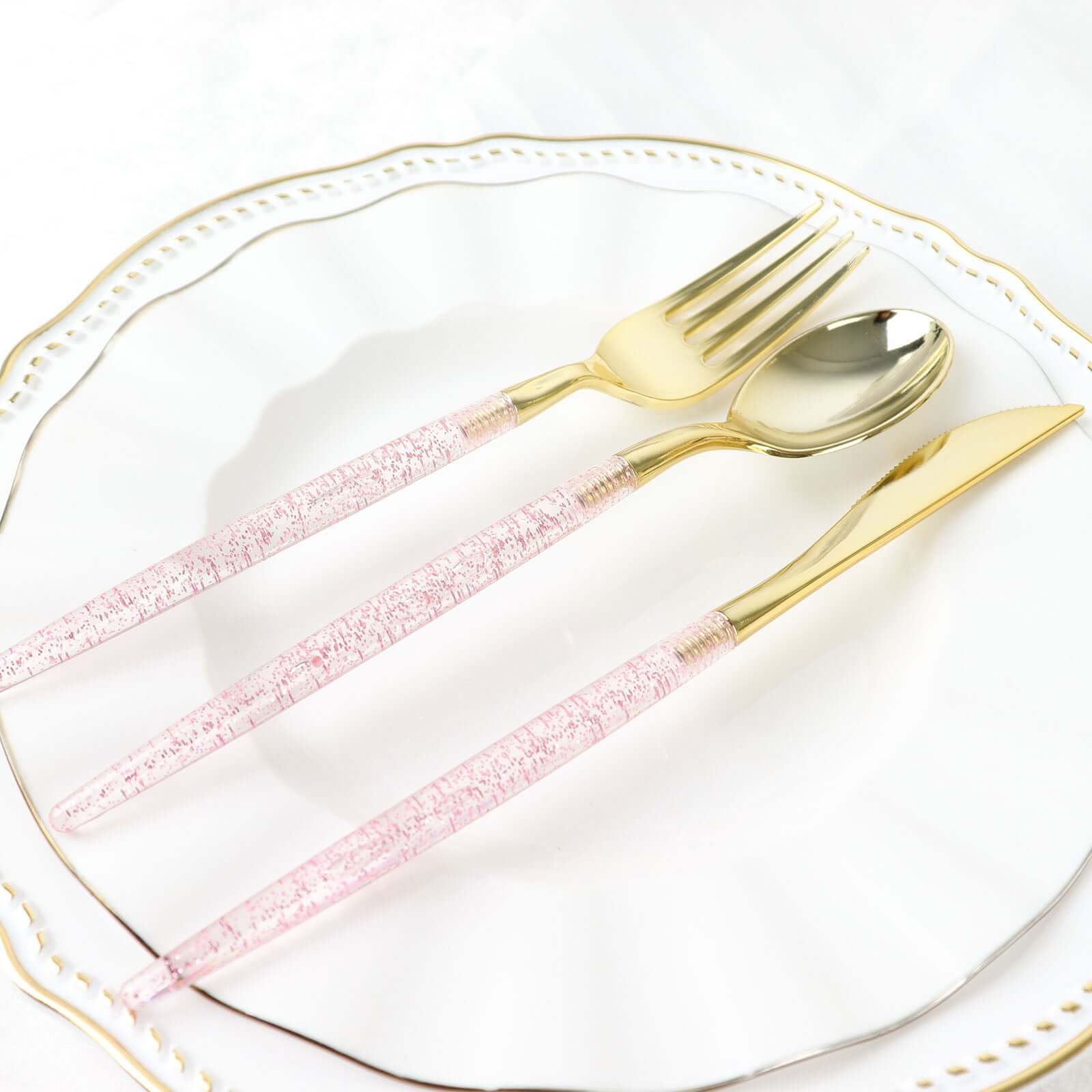 24-Pack Plastic Cutlery Set Metallic Gold with Rose Gold Glitter - Stylish Disposable Silverware-Pack 8"