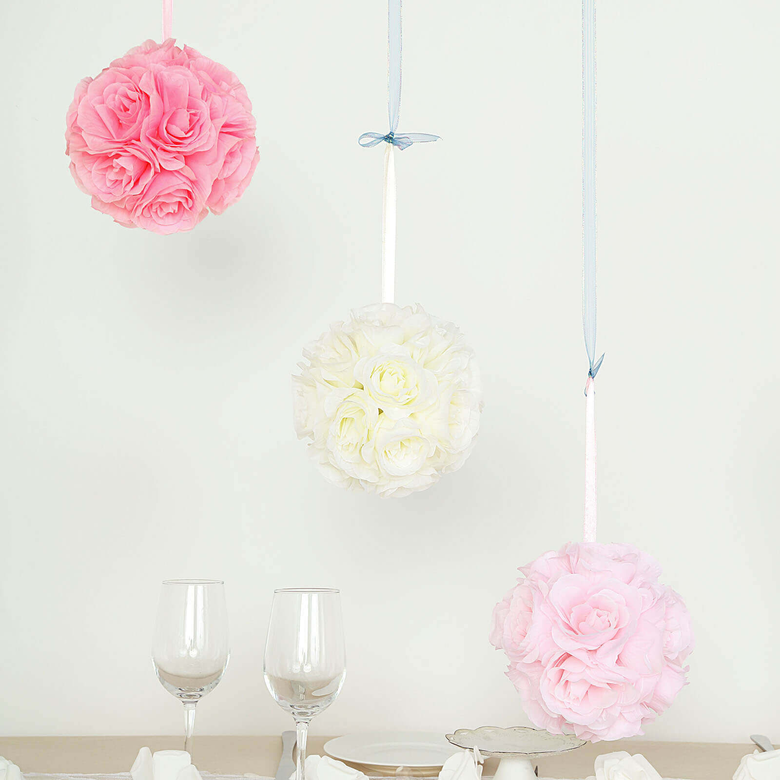 2 Pack 7" Pink Artificial Silk Rose Kissing Ball, Faux Flower Ball