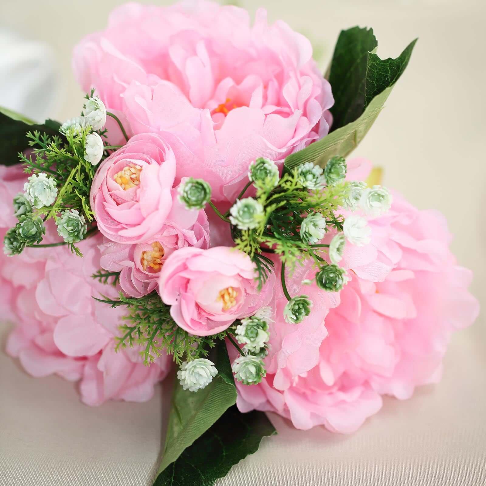 12" Pink Artificial Silk Peonies Bouquet, Faux Peony Spray Bush