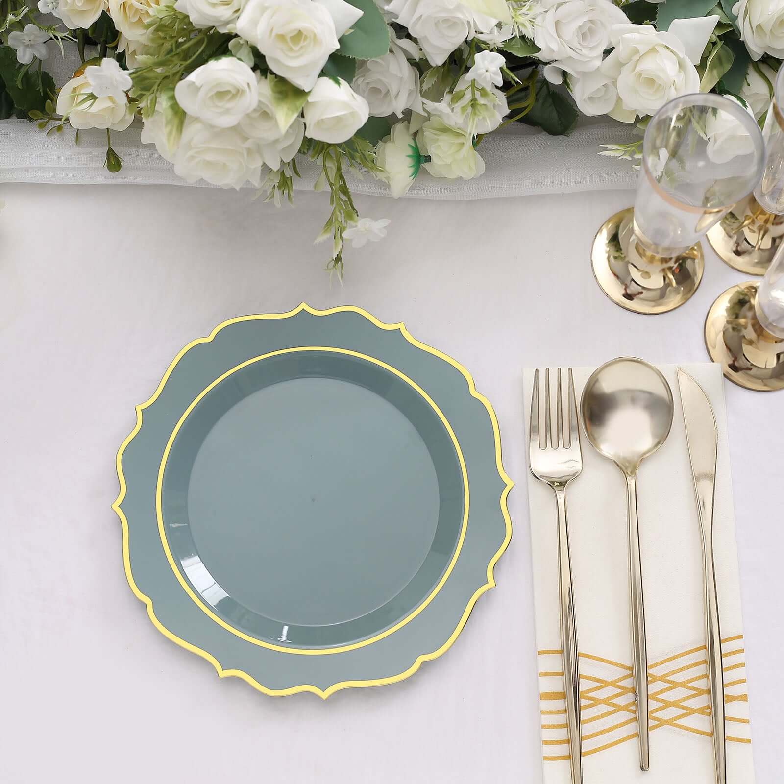 10-Pack Plastic 8" Round Desert Plates in Dusty Blue with Gold Scalloped Rim - Disposable Appetizer/Salad Plates