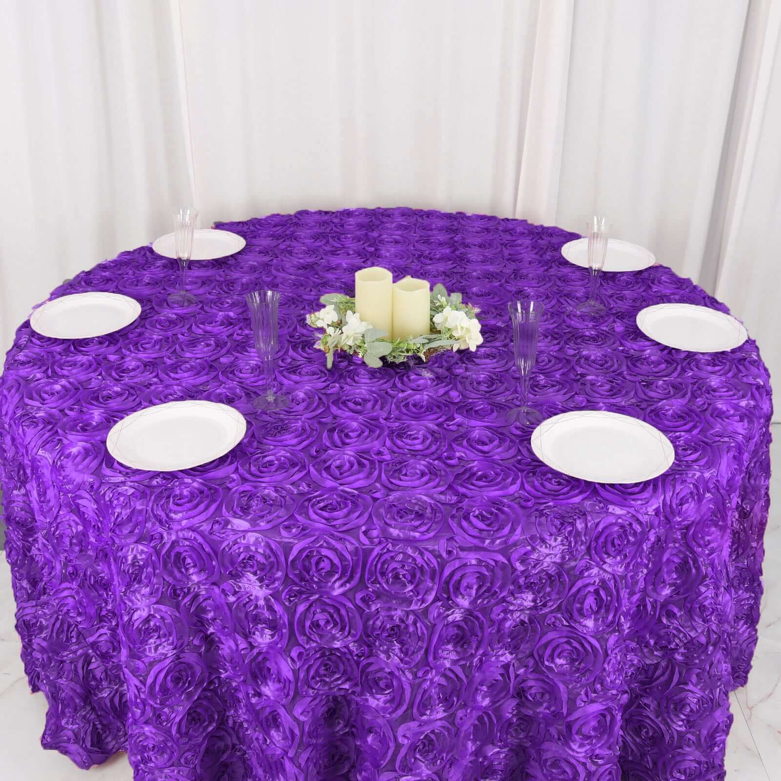 Satin 120" Round Tablecloth Purple - Grandiose 3D Rosette with Seamless Finish Table Cover