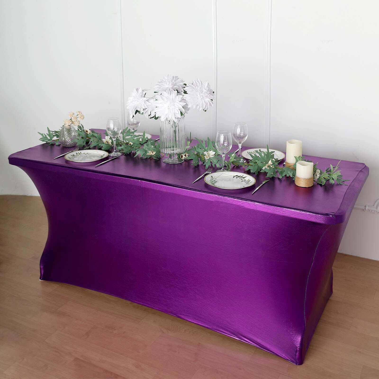 Metallic Purple Stretch Spandex Rectangle Tablecloth 6ft Wrinkle Free Fitted Table Cover for 72"x30" Tables