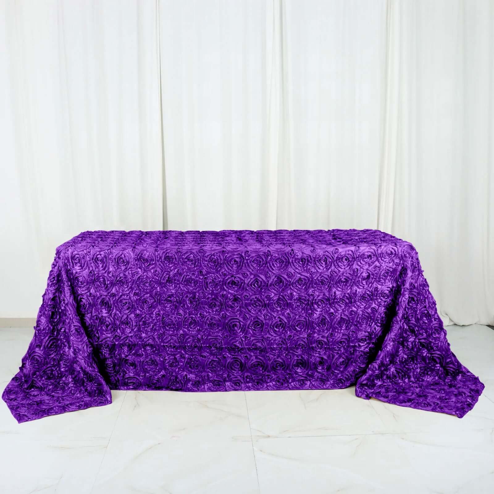 Satin 90"x132" Rectangle Tablecloth Purple - Grandiose 3D Rosette Seamless Table Cover