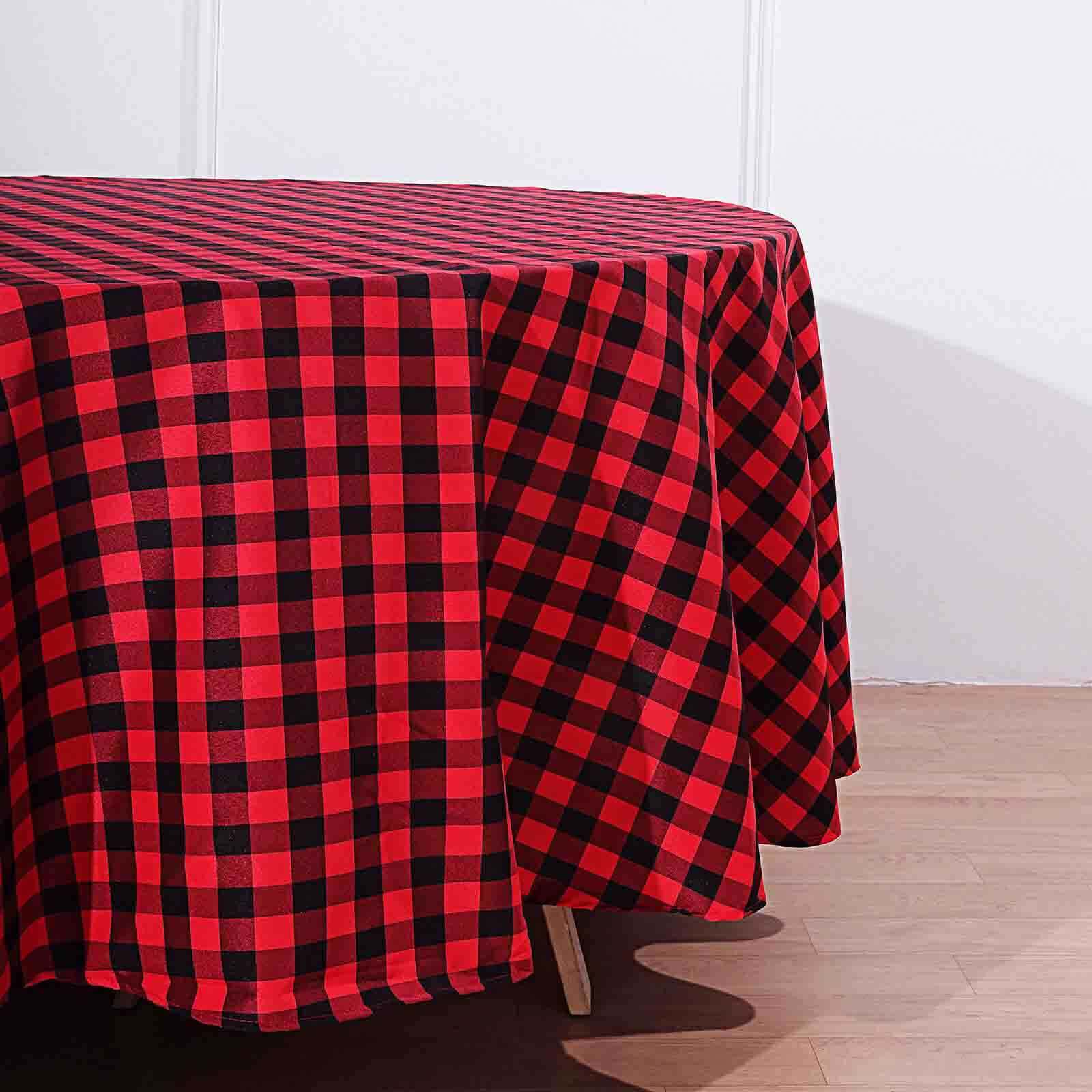 108" Black Red Buffalo Plaid Round Tablecloth, Checkered Gingham Polyester Tablecloth