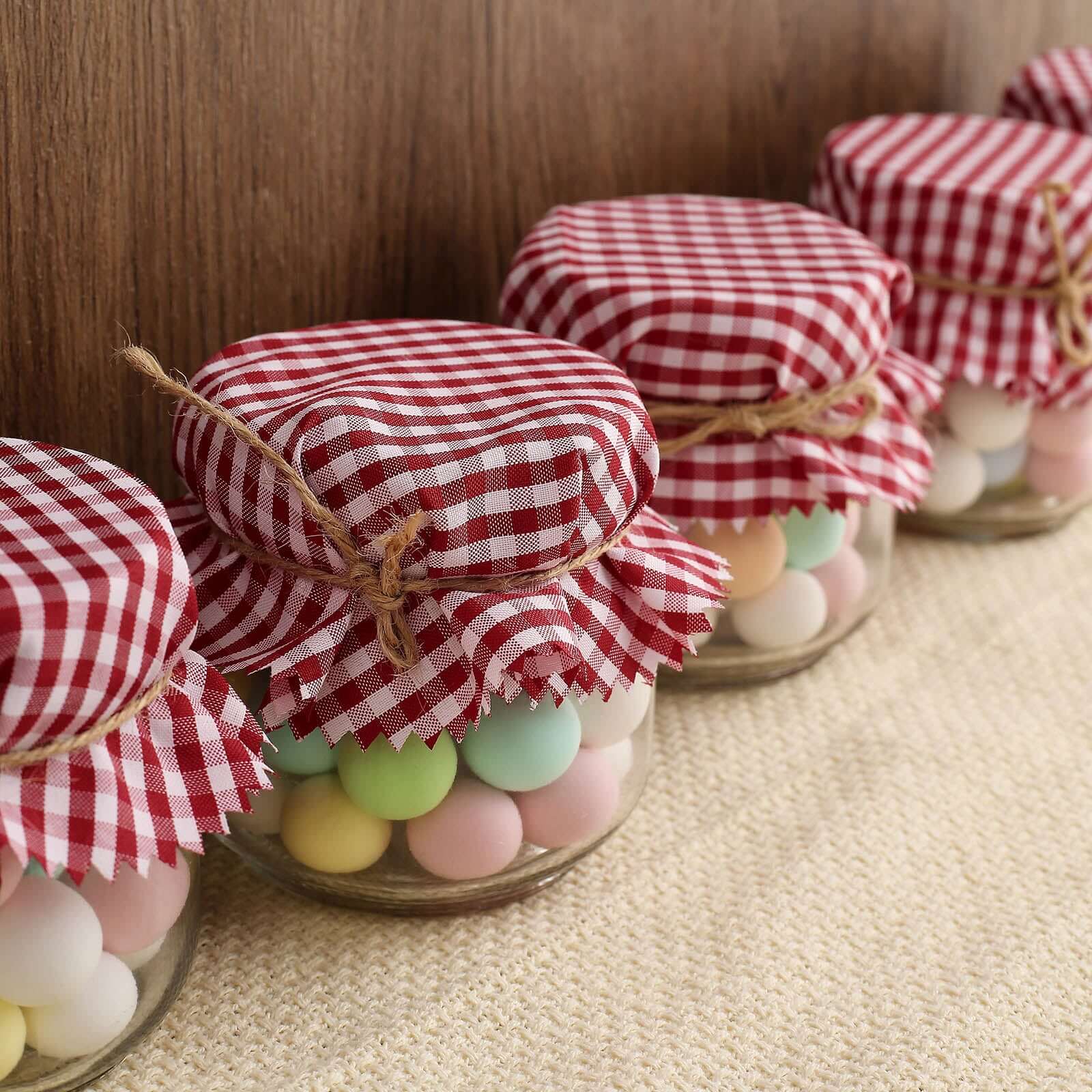 6 Pack 6" Red White Gingham Mason Jar Cloth Lid Covers, Checkered Jam Jar Covers with Jute String