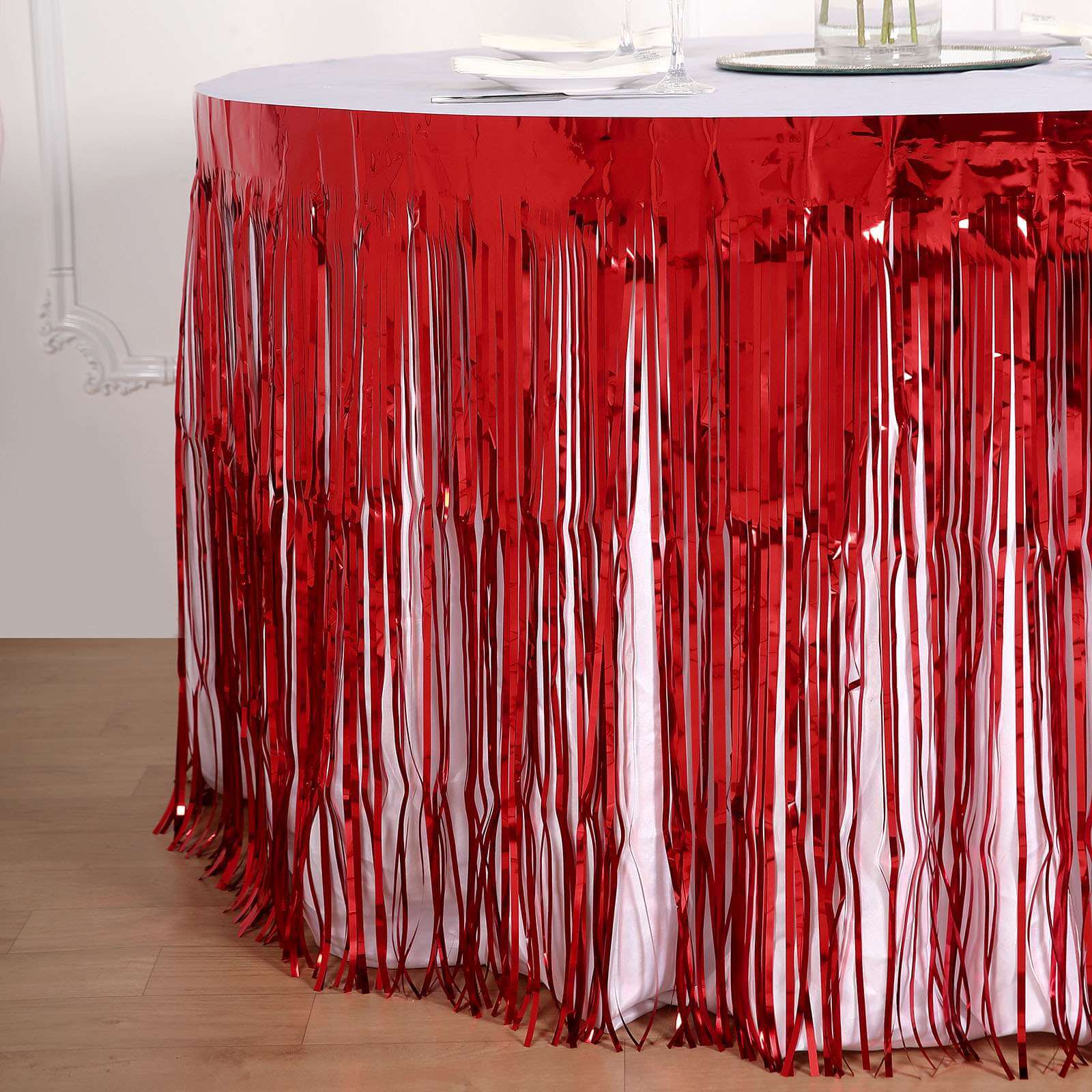 Metallic Foil Fringe Table Skirt Red with Self Adhesive Backing - Durable Tinsel Skirt for Parties 30"x9ft