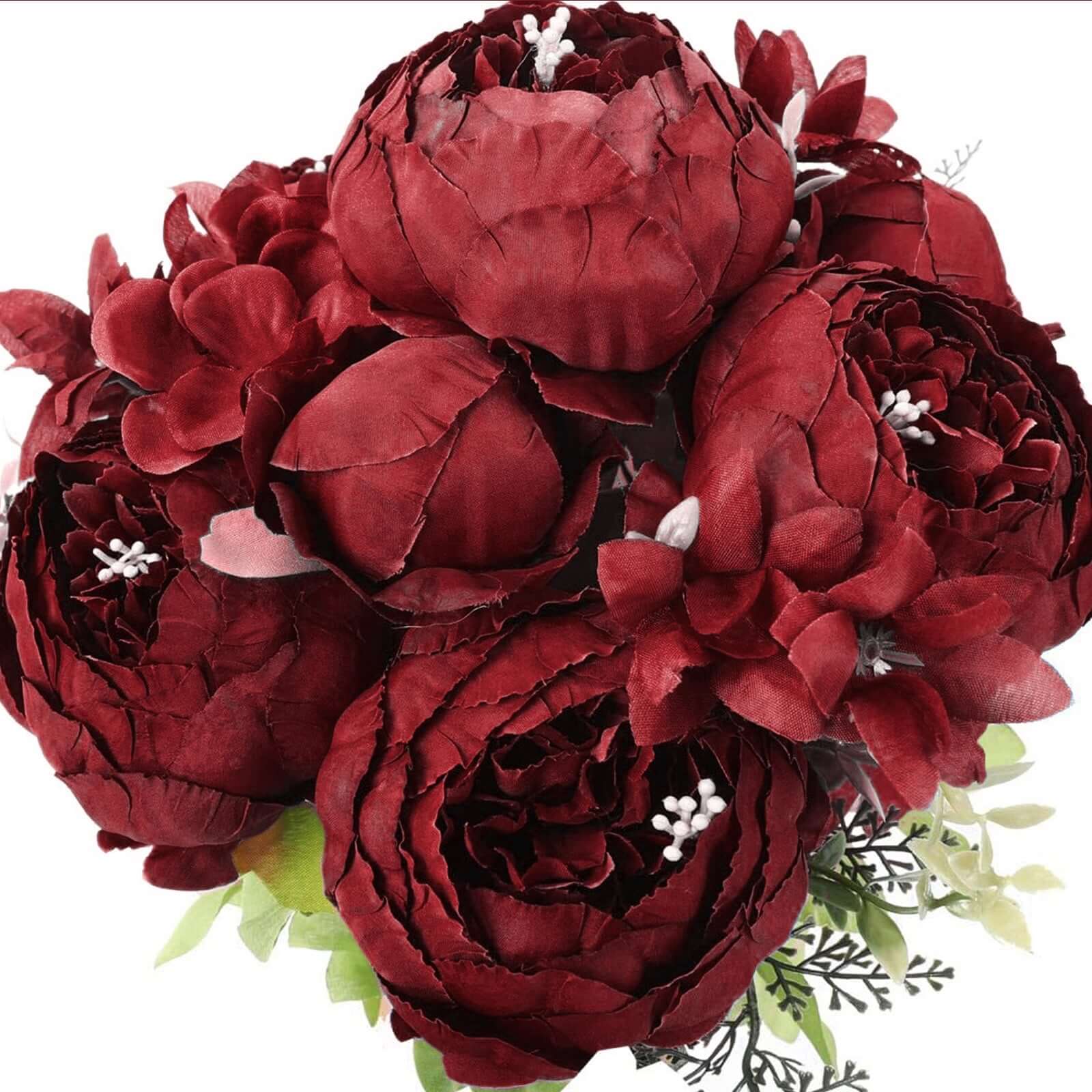 2 Pack 19" Burgundy Artificial Peony Flower Wedding Bouquets, Faux Silk Flower Arrangements