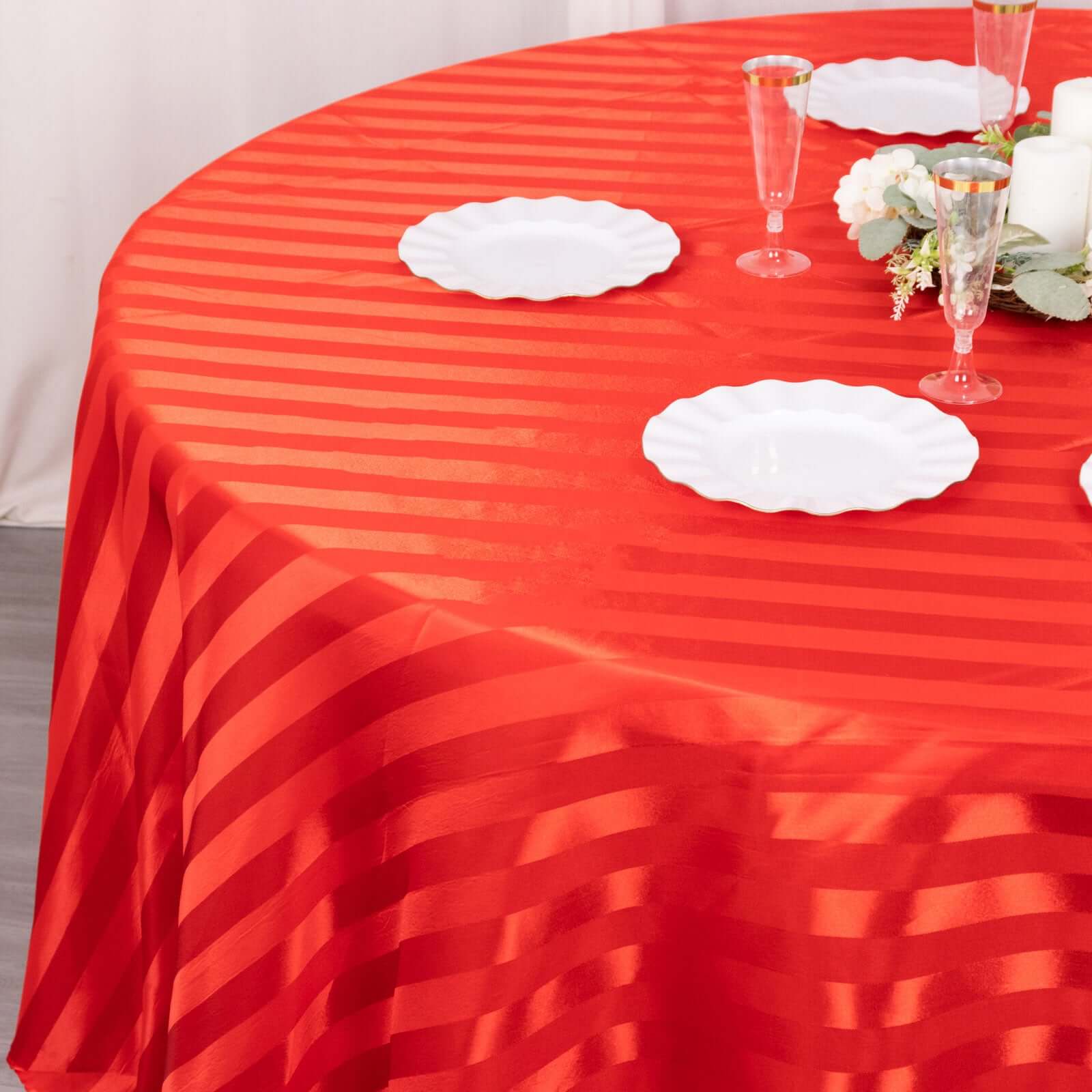 Satin Striped 120" Round Tablecloth Red Satin Stripe - Silky Smooth Seamless Table Cover
