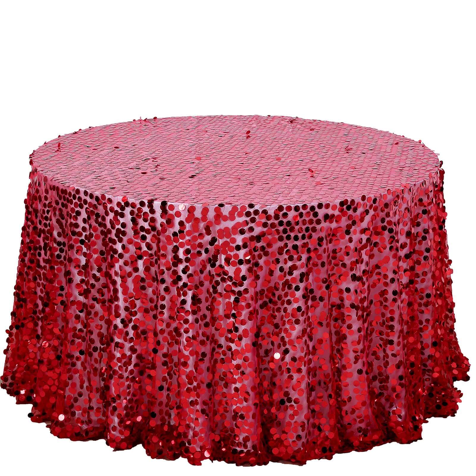 Sequin 120" Round Tablecloth Red - Seamless Big Payette Design Table Cover
